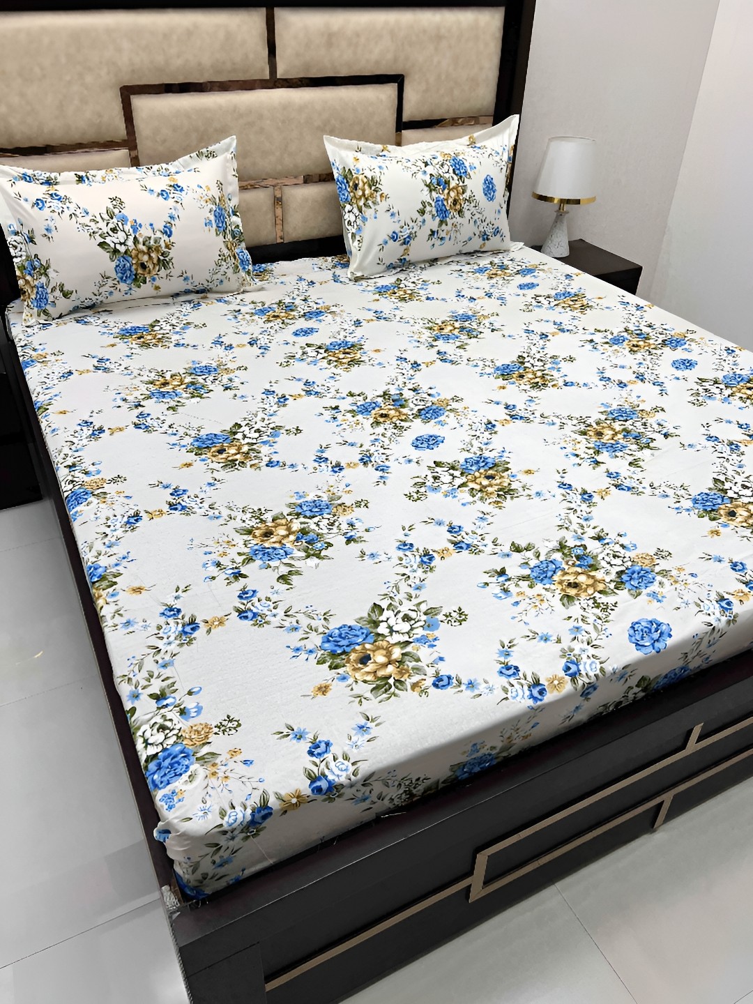 

Pure Decor White & Blue Floral Cotton 300 TC King Bedsheet with 2 Pillow Covers