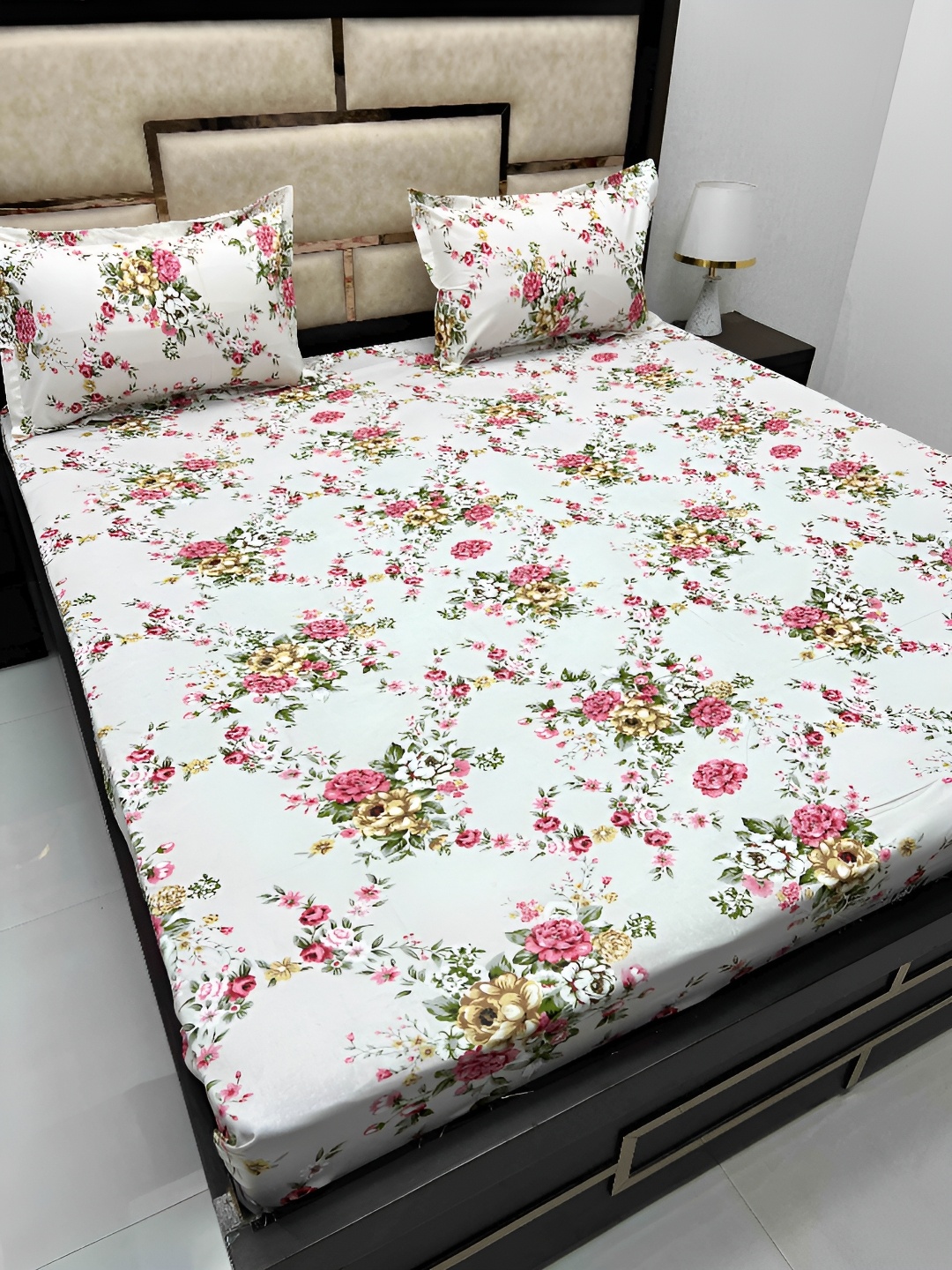

Pure Decor White & Pink Floral Cotton 300 TC King Bedsheet with 2 Pillow Covers