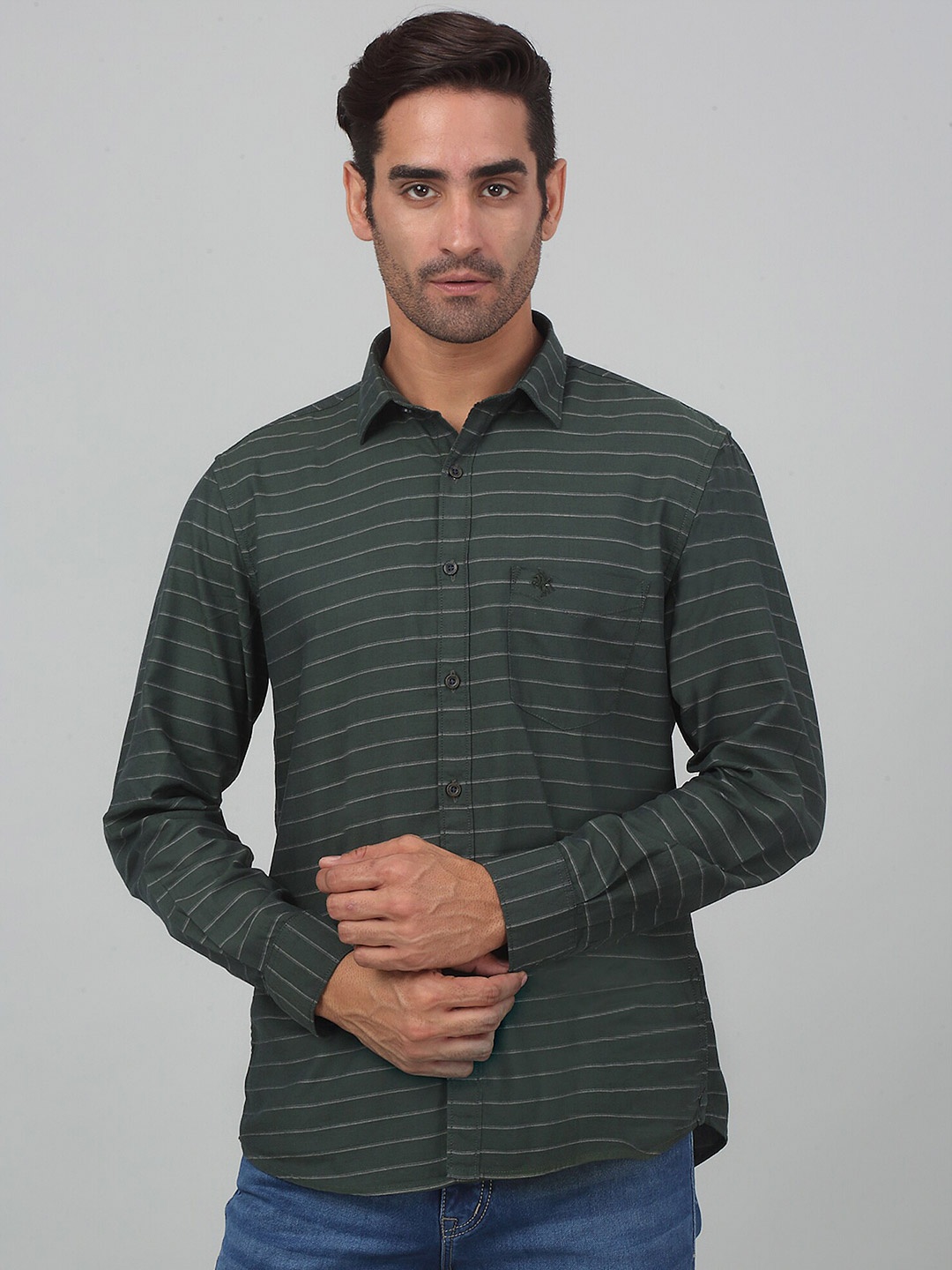 

Cantabil Horizontal Stripes Cotton Striped Casual Shirt, Olive