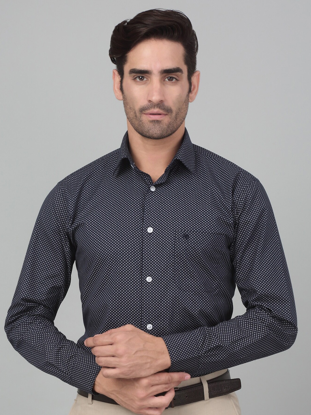 

Cantabil Cotton Printed Formal Shirt, Navy blue