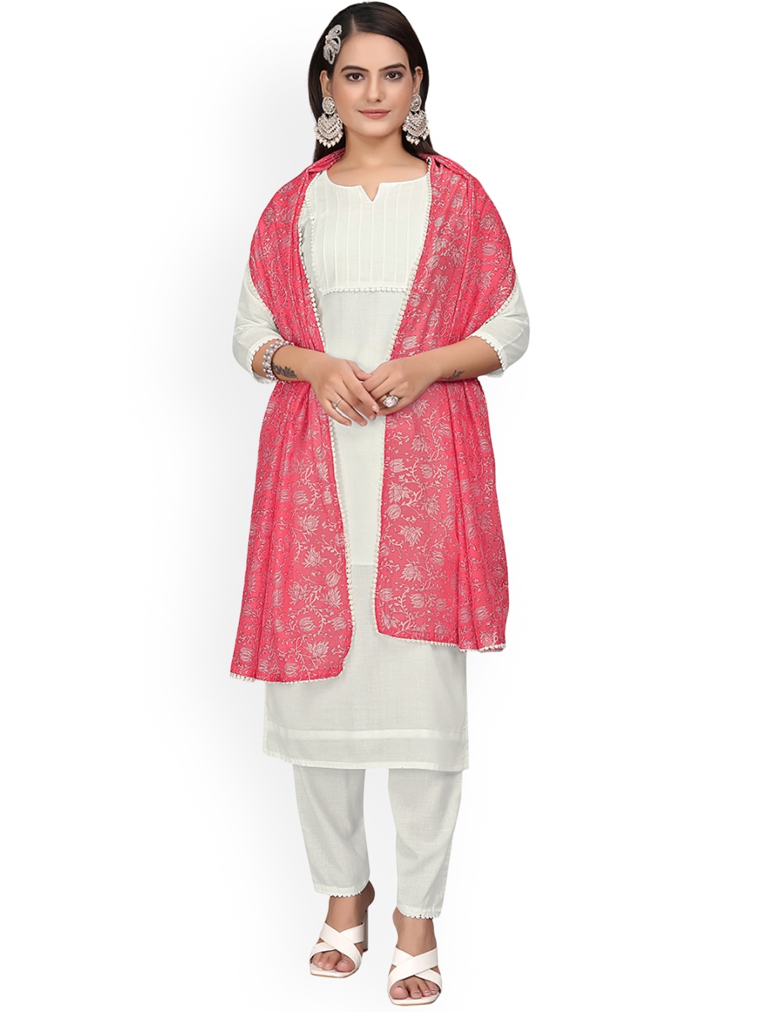 

ZEEPKART Yoke Design Regular Thread Work Kurta with Trouser & Dupatta, White