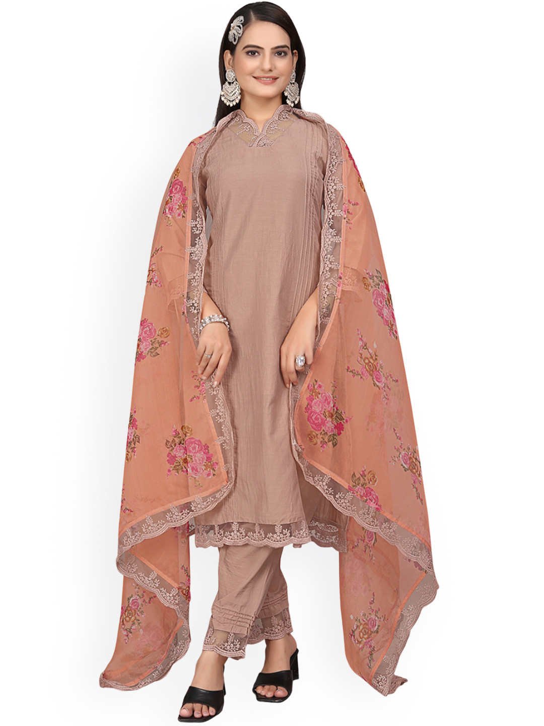 

ZEEPKART Women Regular Kurta with Trousers & With Dupatta, Brown
