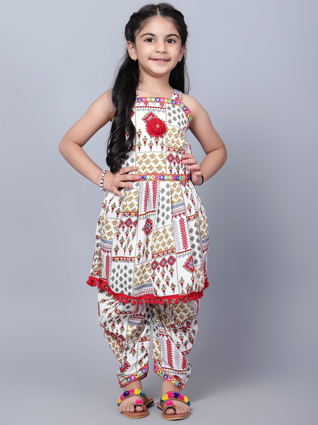 

BAESD Girls Ethnic Motifs Printed Mirror Work Georgette Anarkali Kurta With Trouser, White