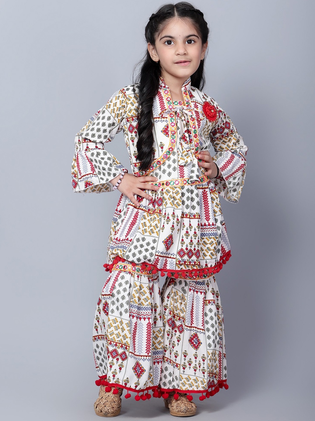 

BAESD Girls Ethnic Motifs Printed Kurta with Sharara & Jacket, White