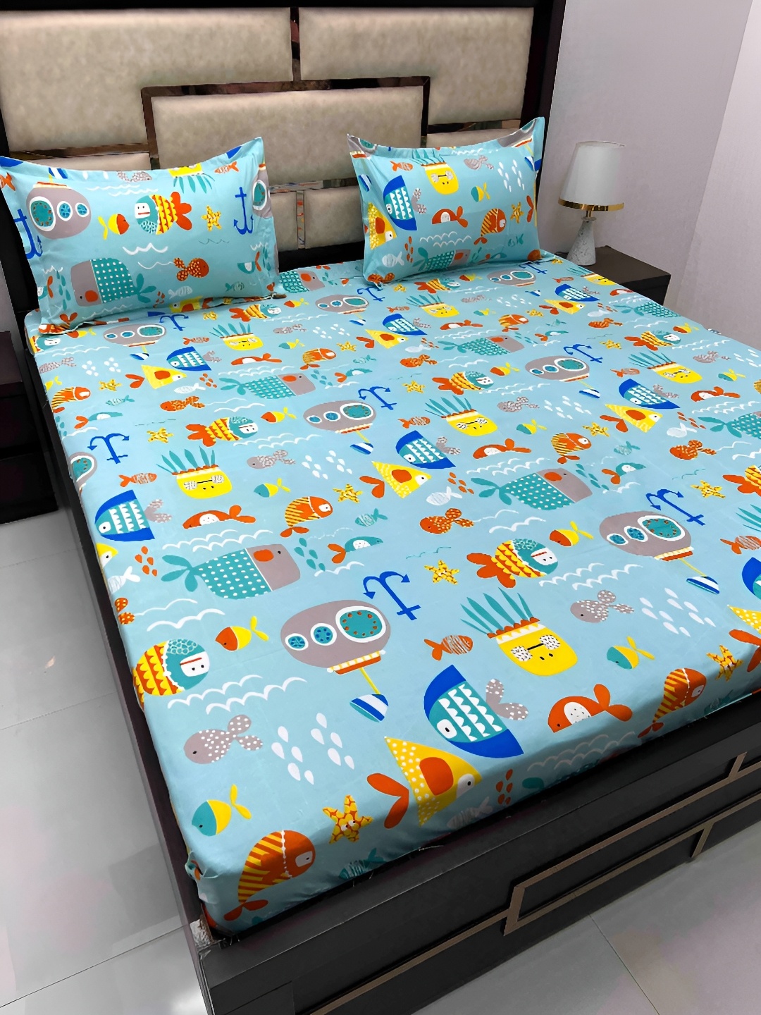 

Pure Decor Blue & Yellow Cartoon Characters Cotton Queen Bedsheet with 2 Pillow Covers