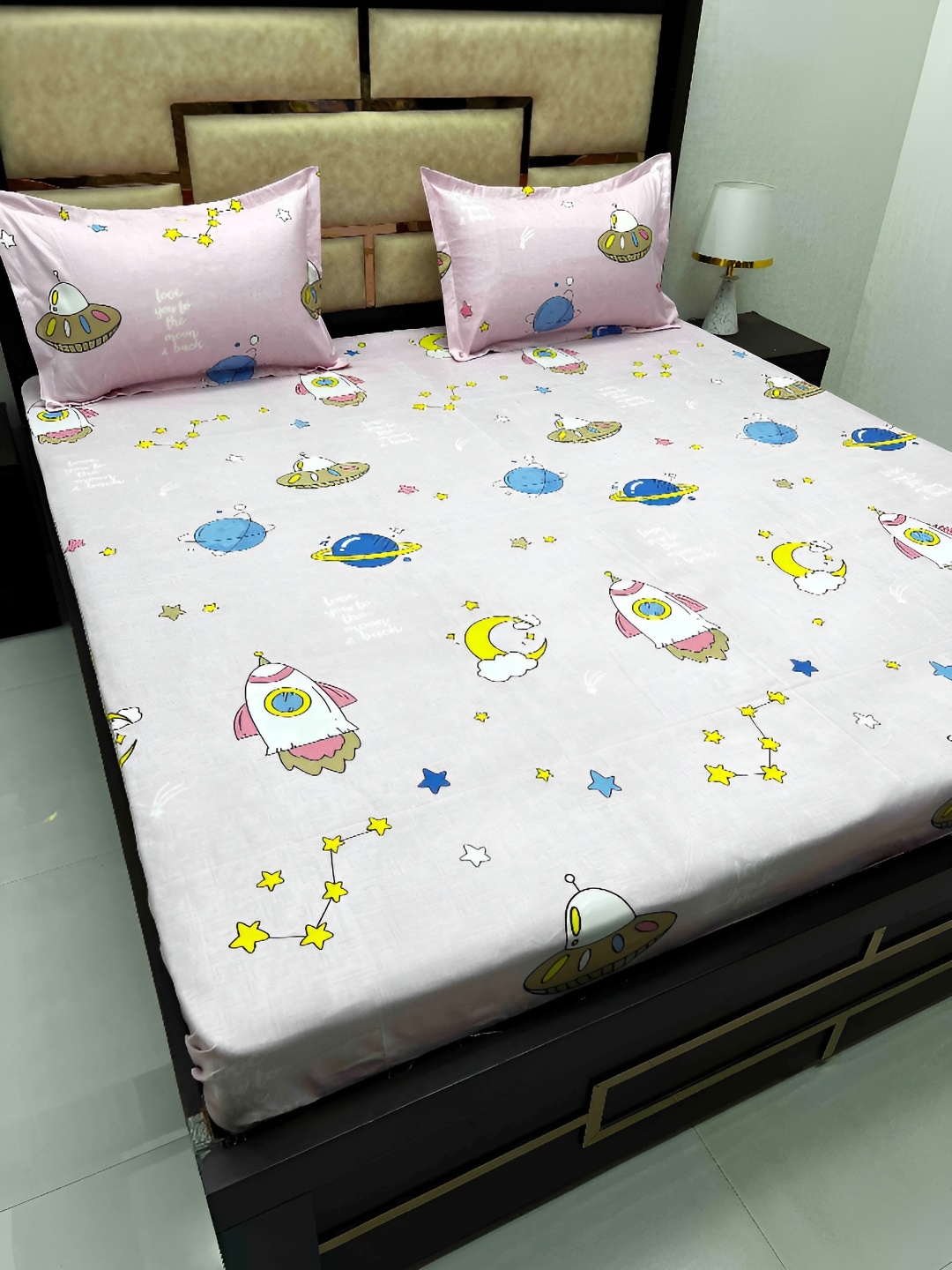 

Pure Decor Pink & Blue Cartoon Characters Cotton Queen Bedsheet with 2 Pillow Covers