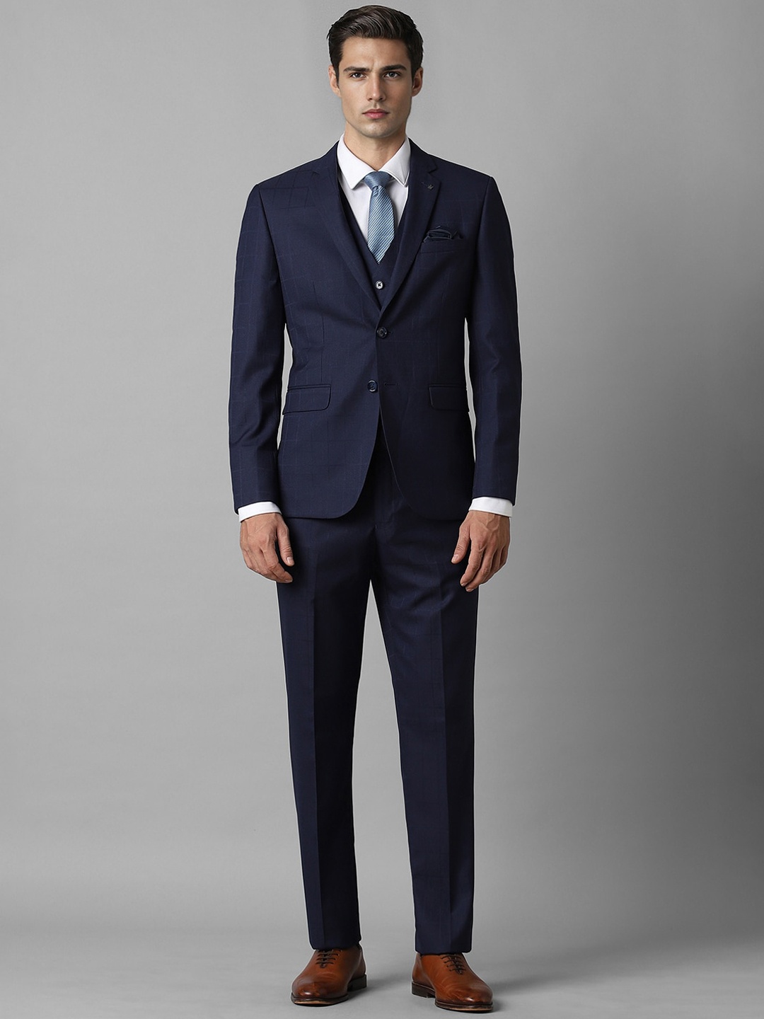 

Louis Philippe Checked Single-Breasted Slim Fit Three Piece Formal Suit, Navy blue