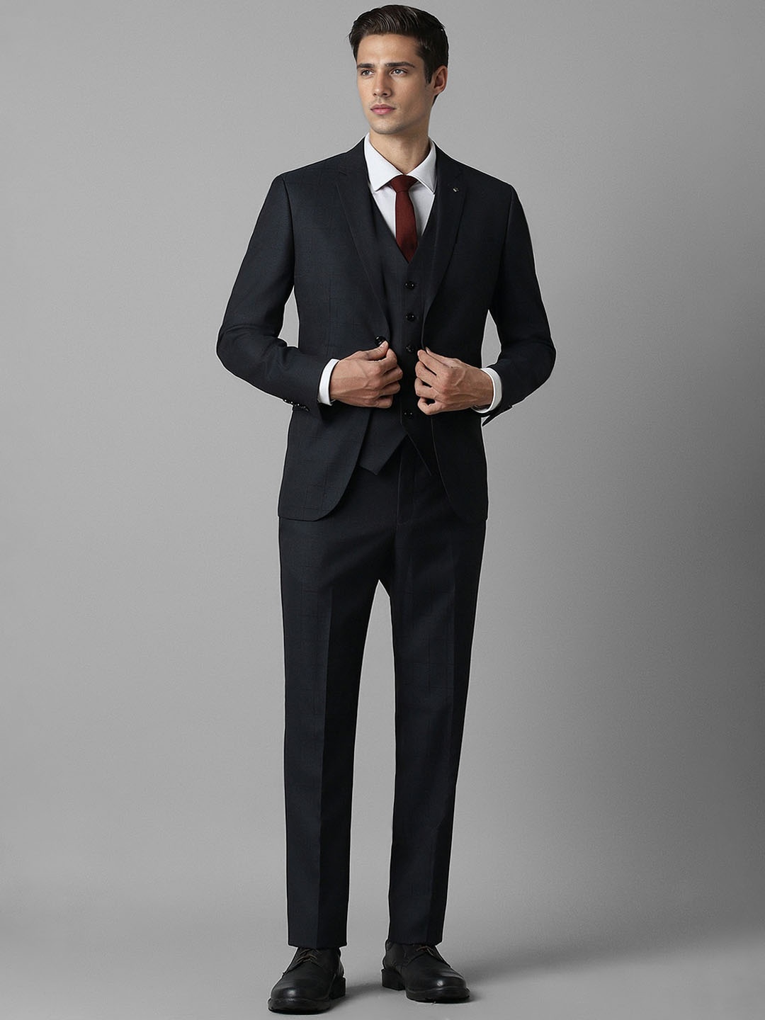 

Louis Philippe Checked Slim Fit Three-Piece Formal Suit, Black