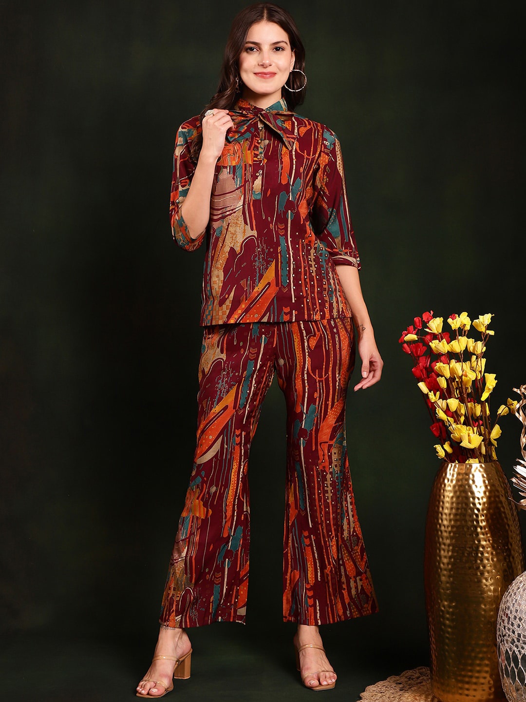 

Claura Printed Chanderi Silk Tunic & Trousers Co-Ords Set, Burgundy