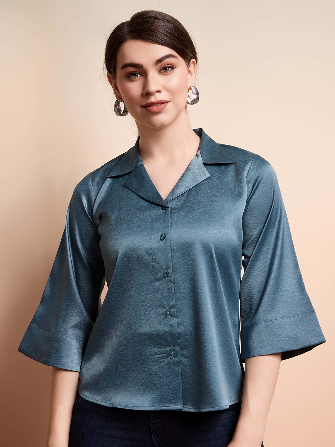 

RACHNA Standard Notch Collar Satin Casual Shirt, Blue