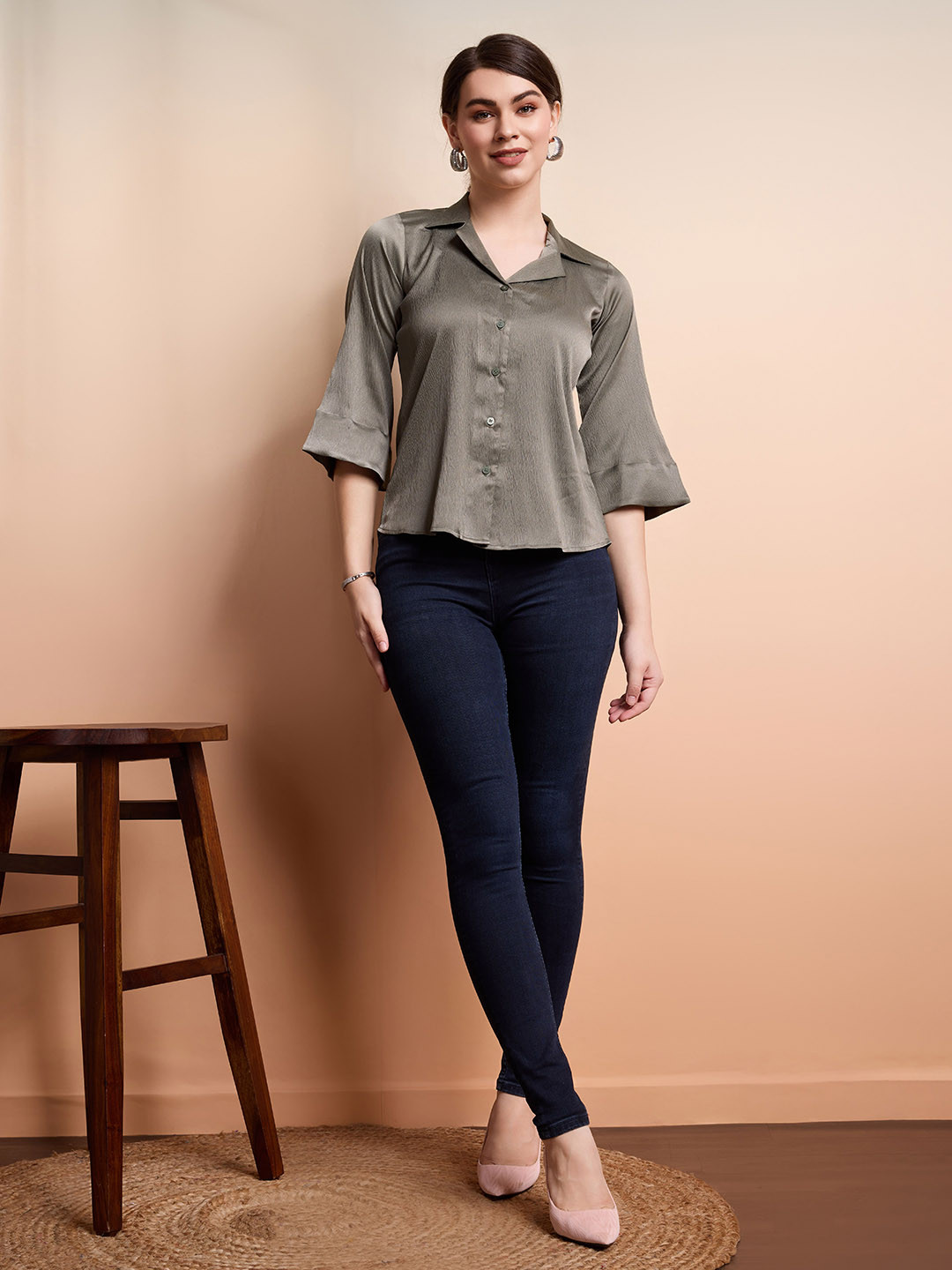 

RACHNA Notched Collar Standard Opaque Casual Shirt, Green