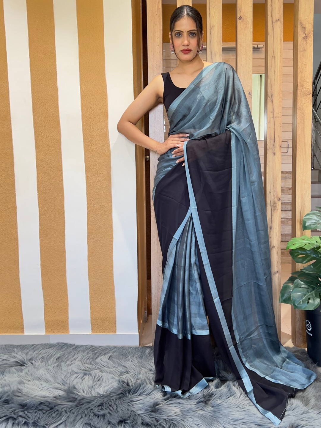 

LeeliPeeri Designer Striped Ready to Wear Saree, Grey