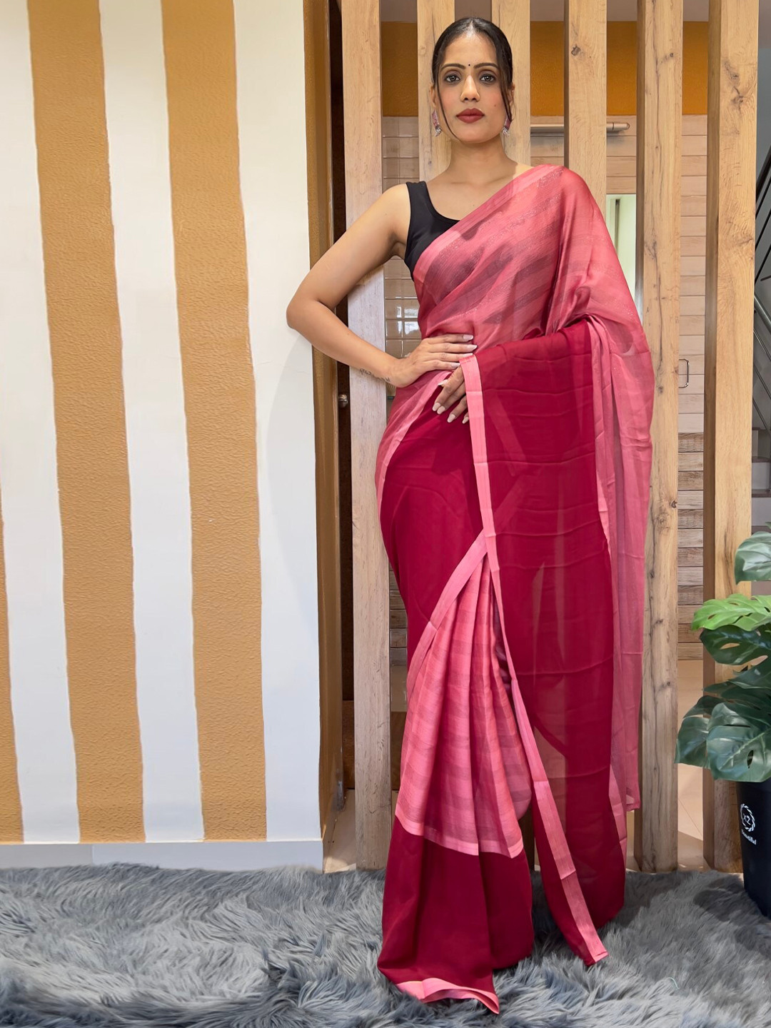 

LeeliPeeri Designer Striped Poly Georgette Ready to Wear Saree, Pink