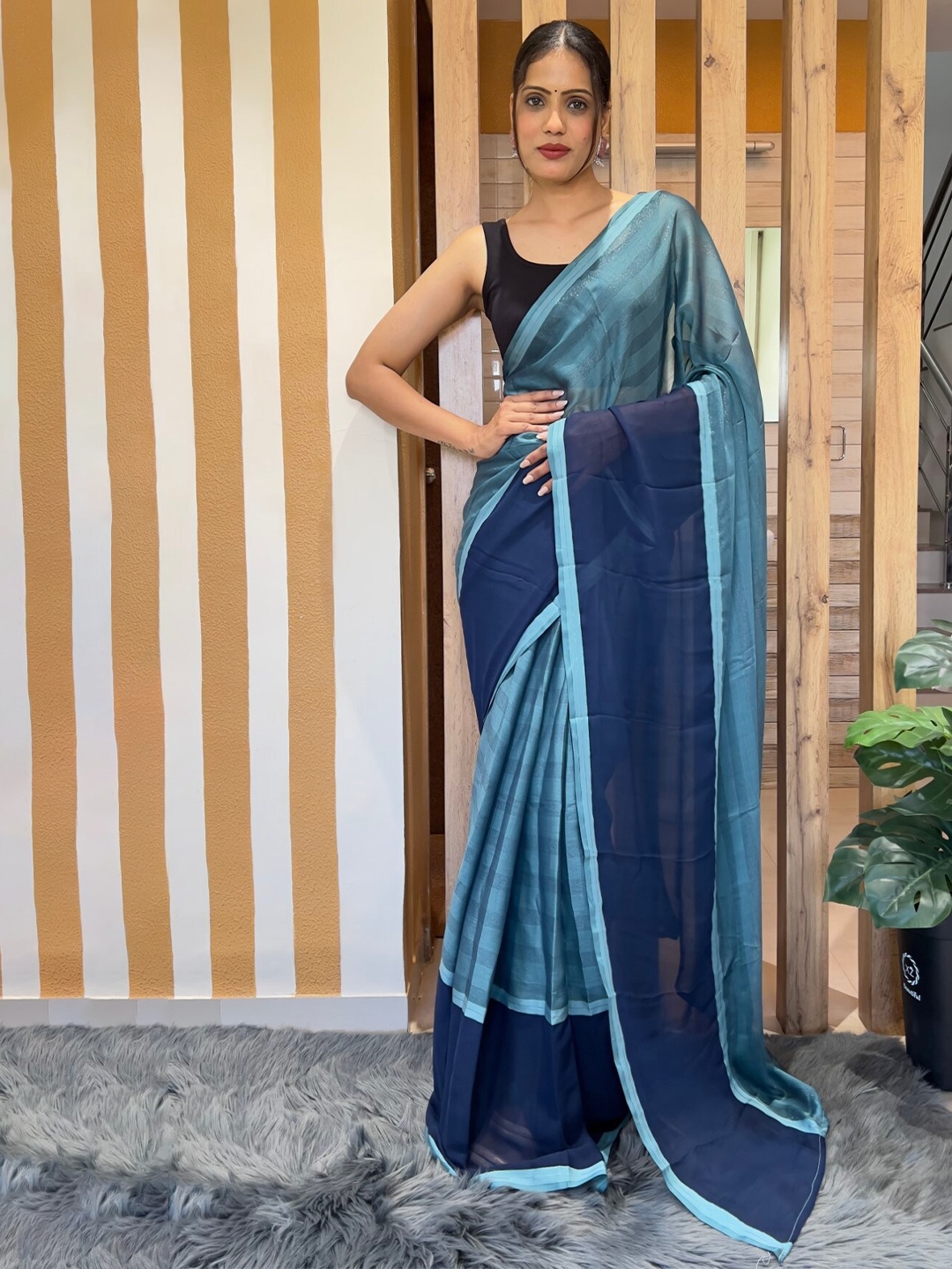 

LeeliPeeri Designer Striped Ready to Wear Saree, Blue