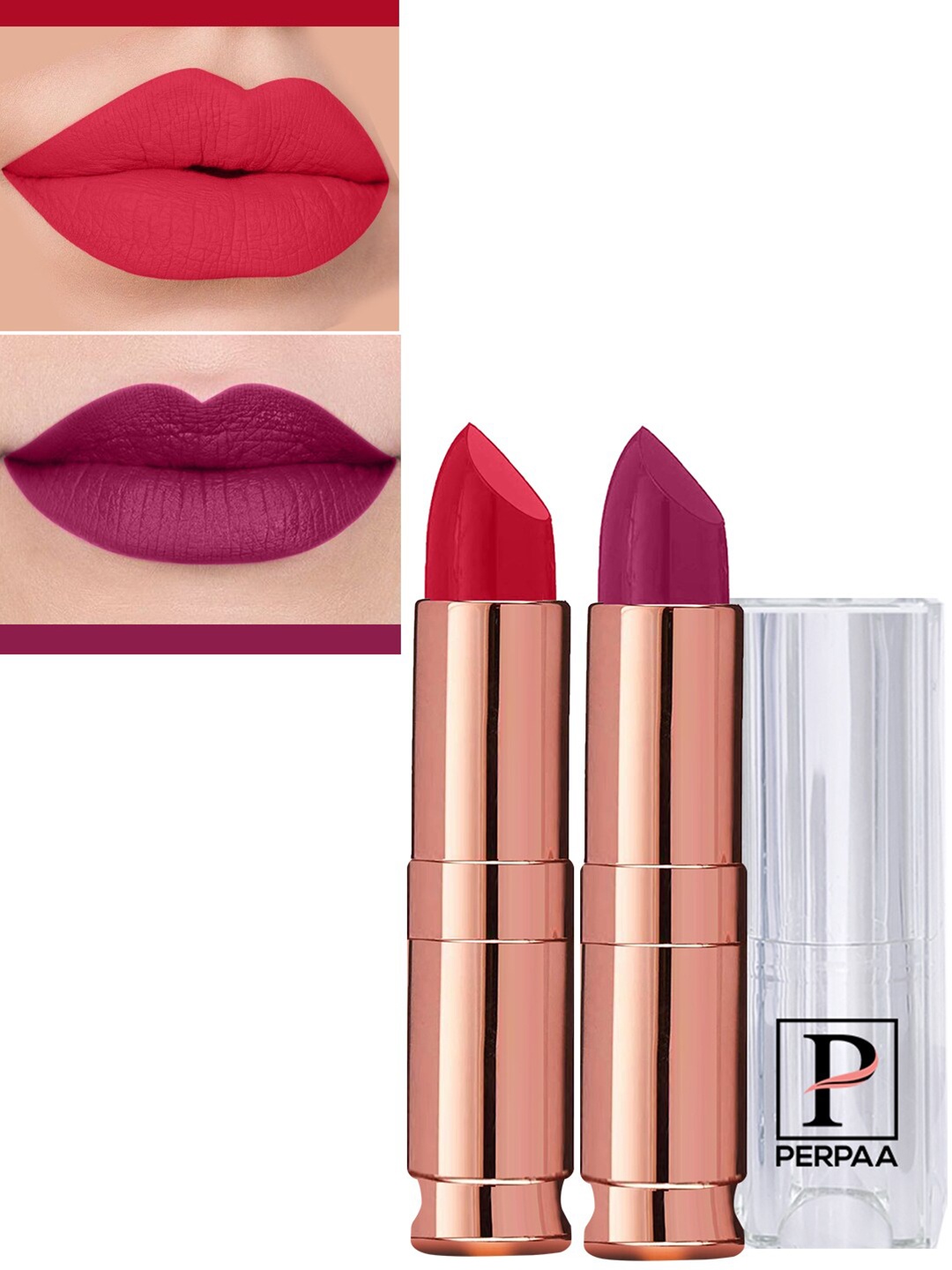 

PERPAA Set Of 2 Antique Velvet Matte Lipstick With Jojoba Oil - Red 55 & Cherry Red 52, Pink