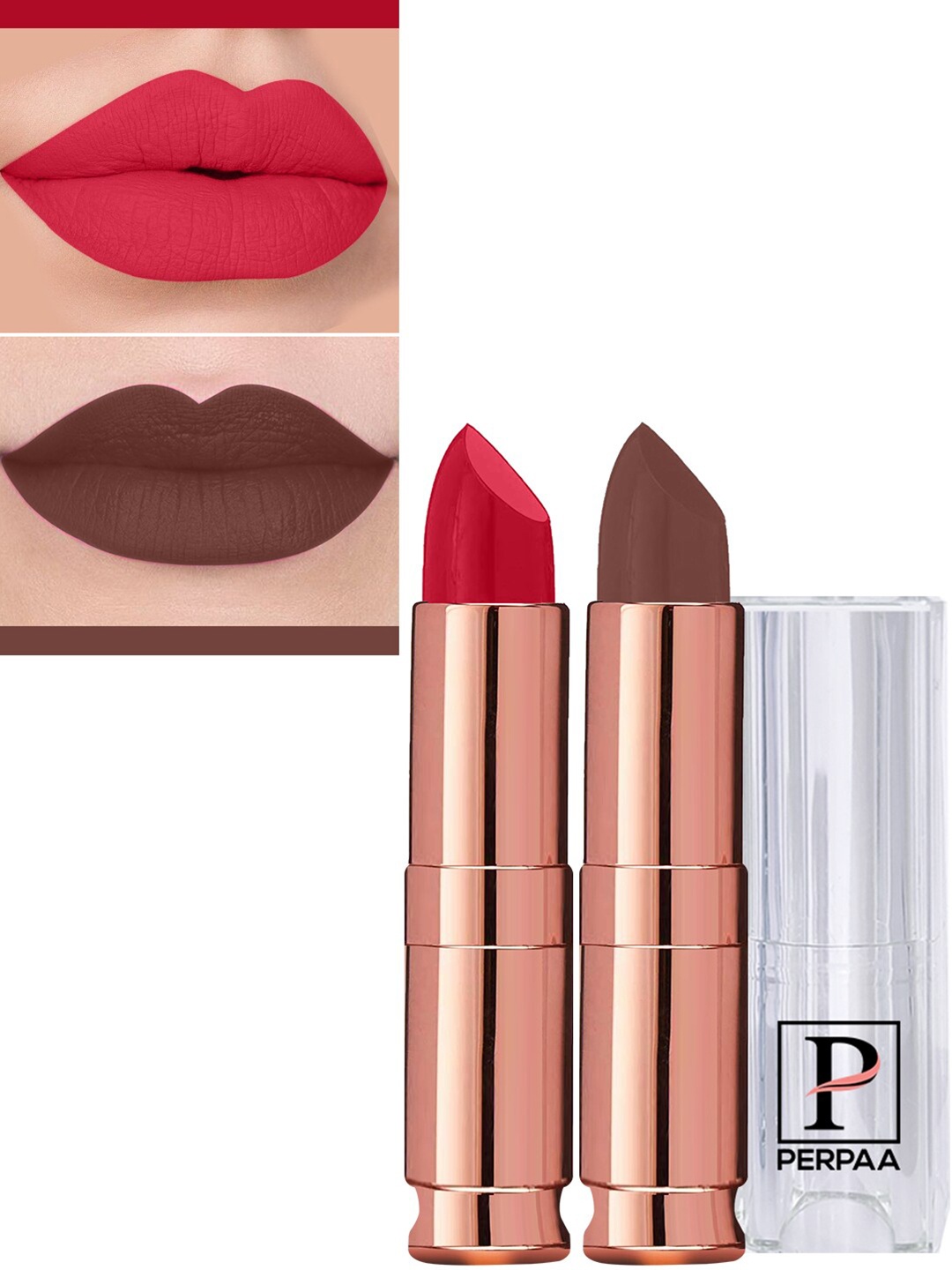 

PERPAA Set Of 2 Antique Velvet Matte Lipstick With Jojoba Oil - Red 55 & Brown 67
