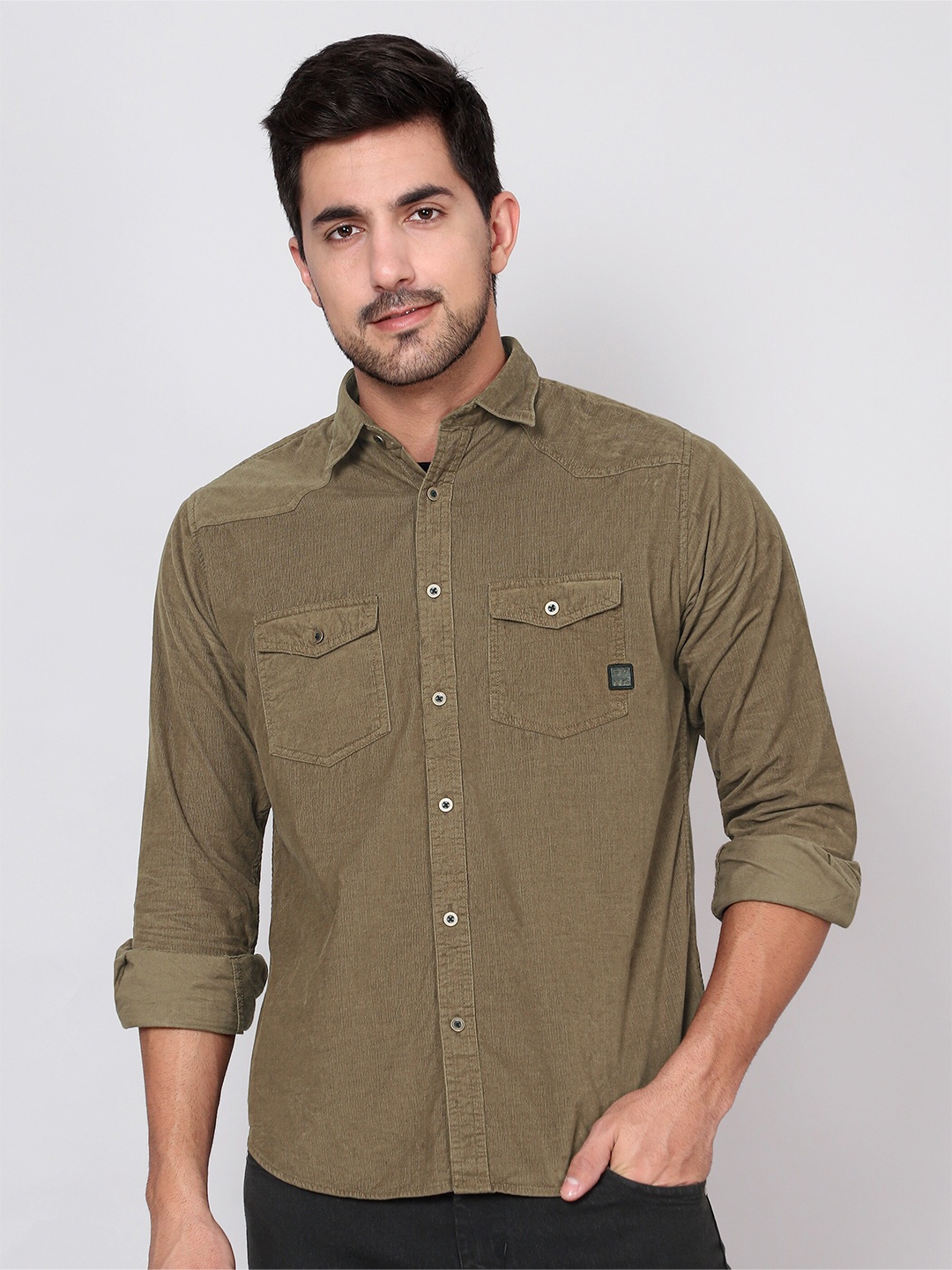 

Beyoung Textured Spread Collar Long Sleeves Cotton Casual Shirt, Brown