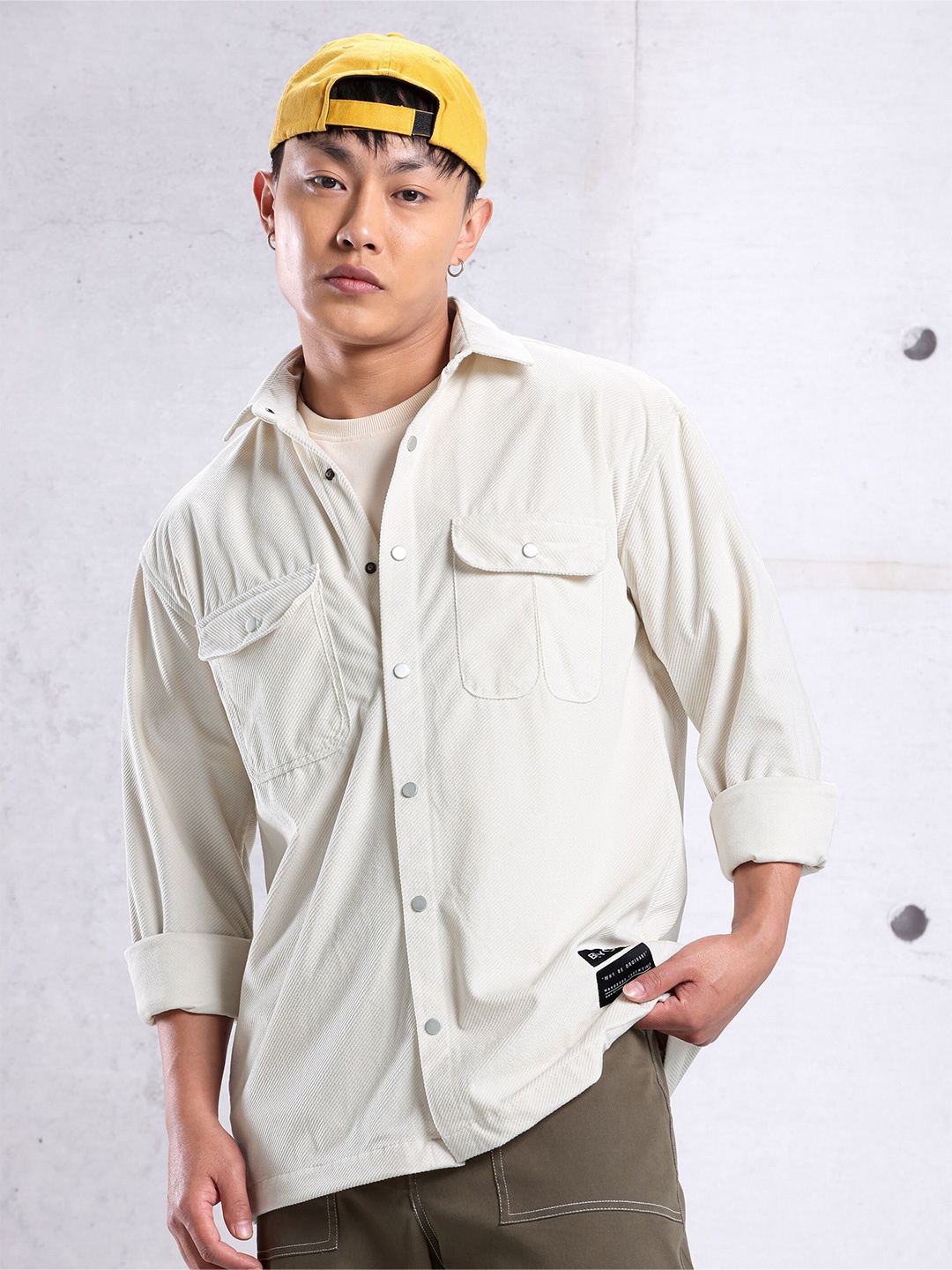 

Beyoung Textured Spread Collar Log Sleeves Cotton Casual Shirt, Off white