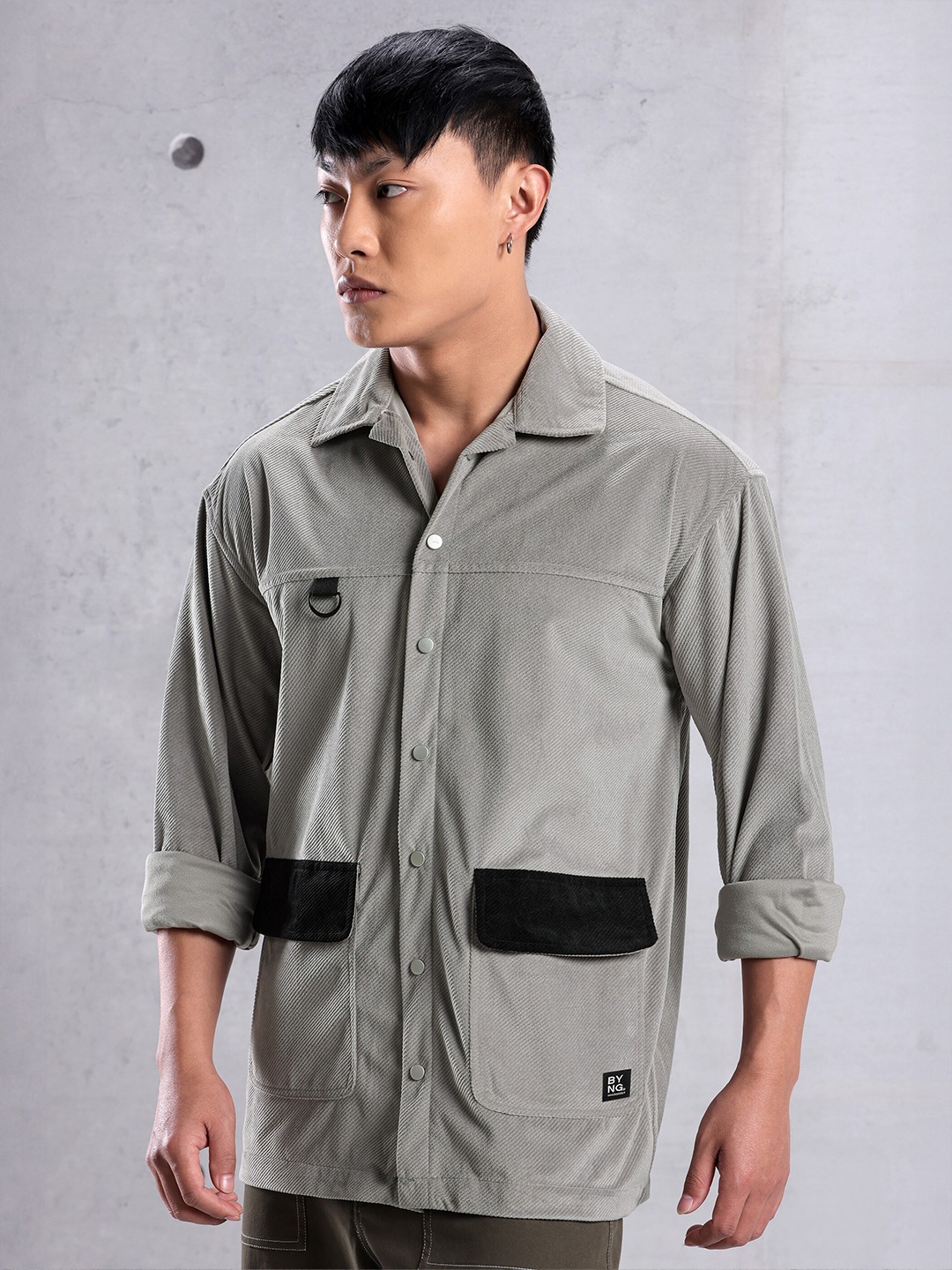 

Beyoung Colorblock Corduroy Shirt, Grey