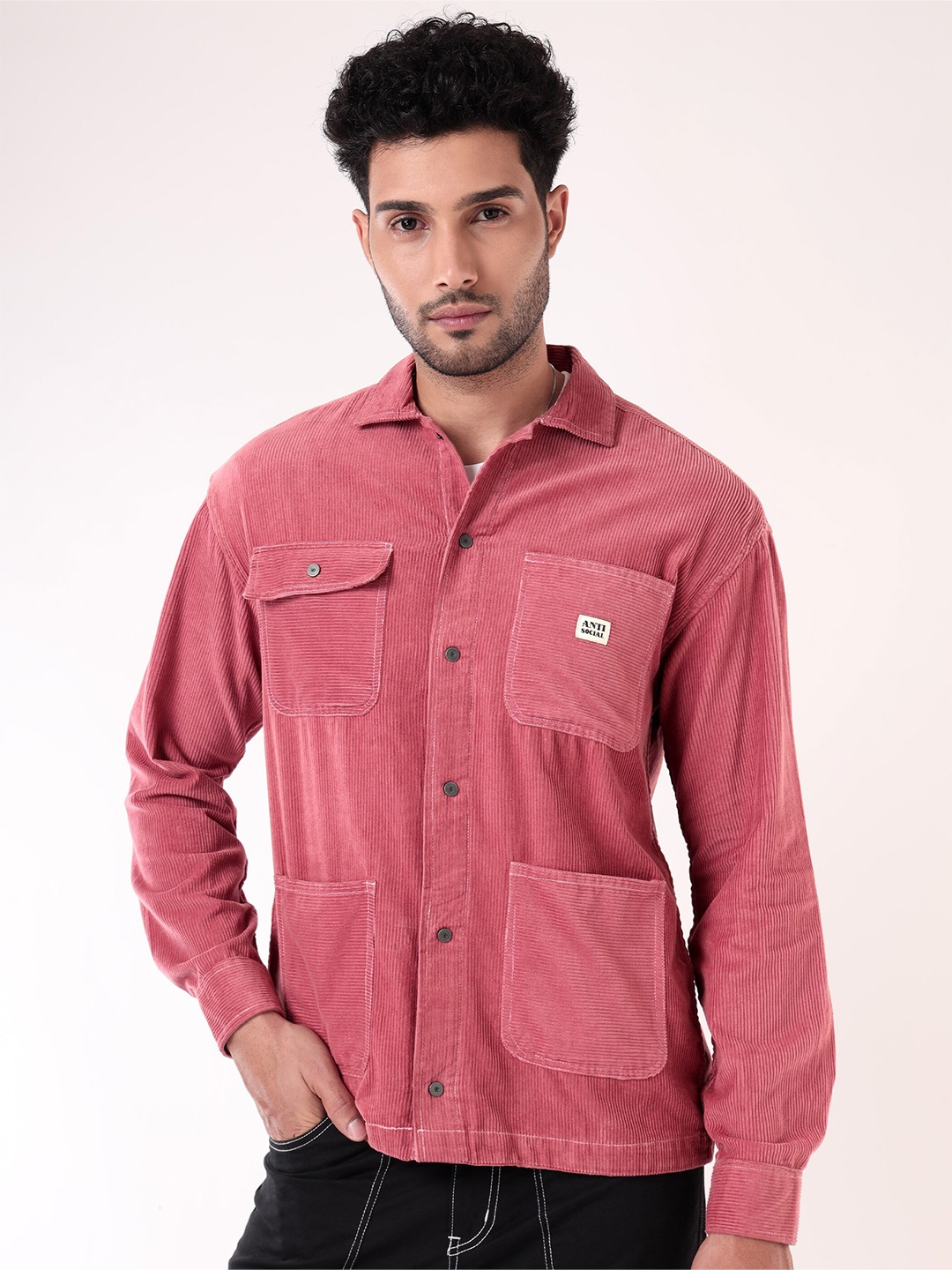 

Beyoung Textured Spread Collar Long Sleeves Casual Shirt, Pink