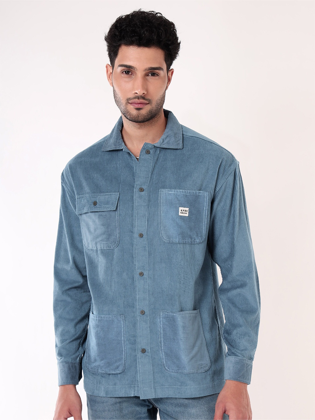 

Beyoung Cotton Corduroy Spread Collar Casual Shacket, Blue