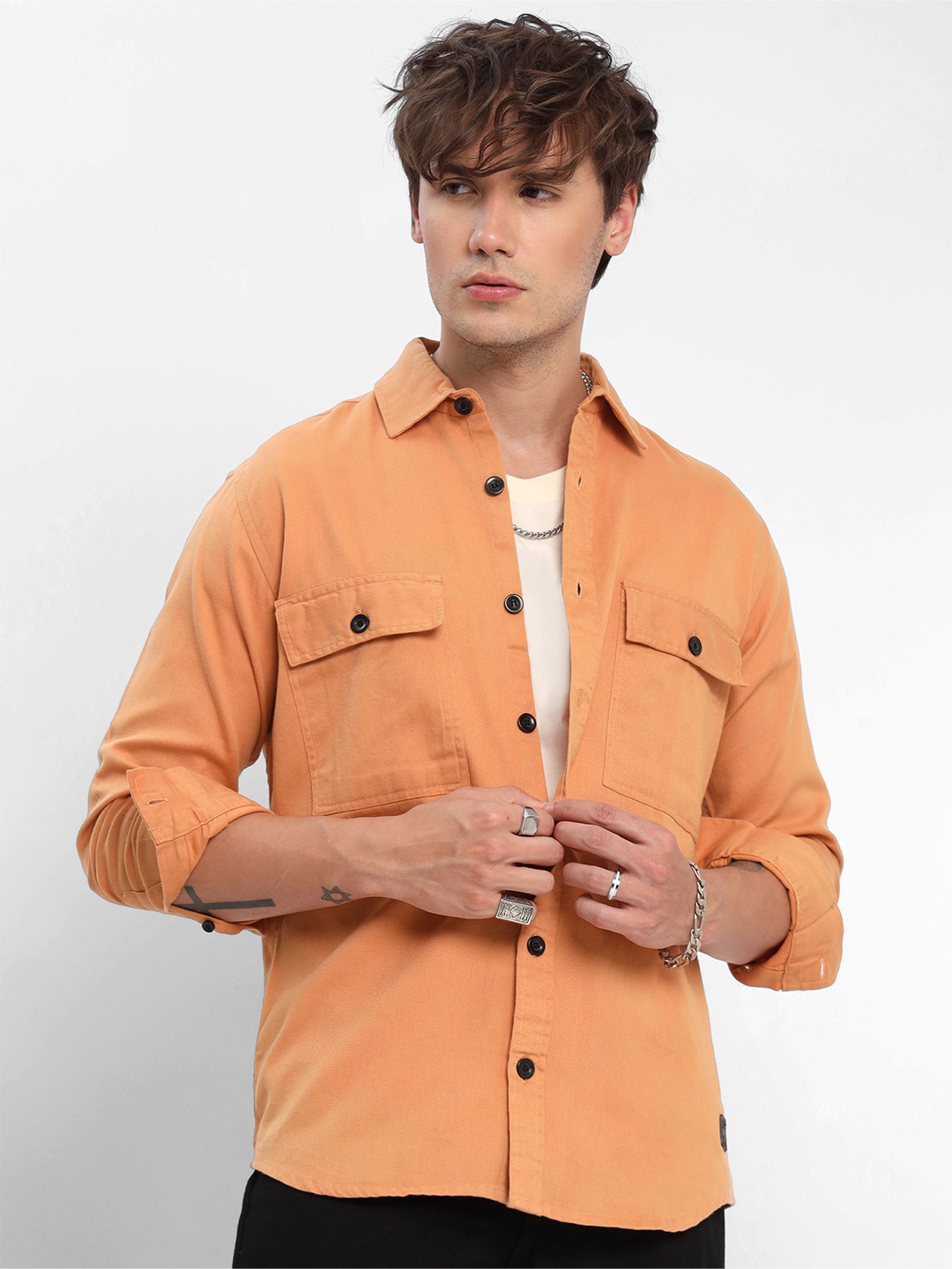 

Beyoung Cotton Spread Collar Casual Shacket, Orange