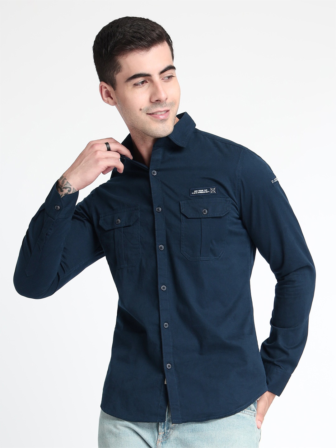 

Beyoung Spread Collar Full Sleeves Chest Pocket Cotton Shirt, Blue