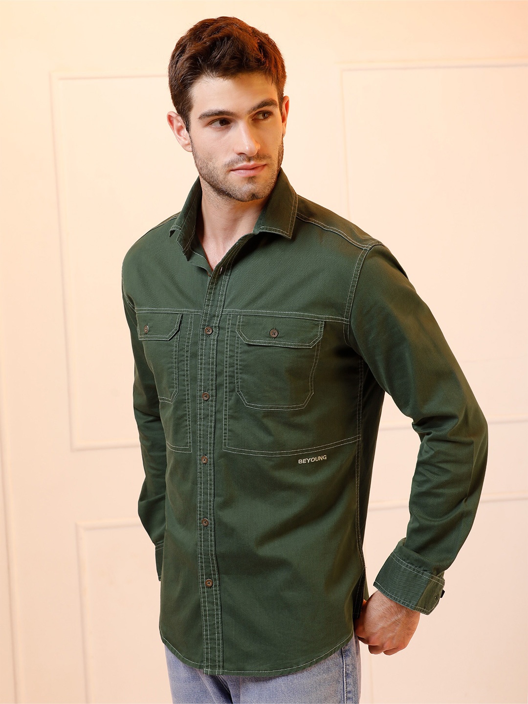 

Beyoung Contrast Stitch Urban Shirt, Green