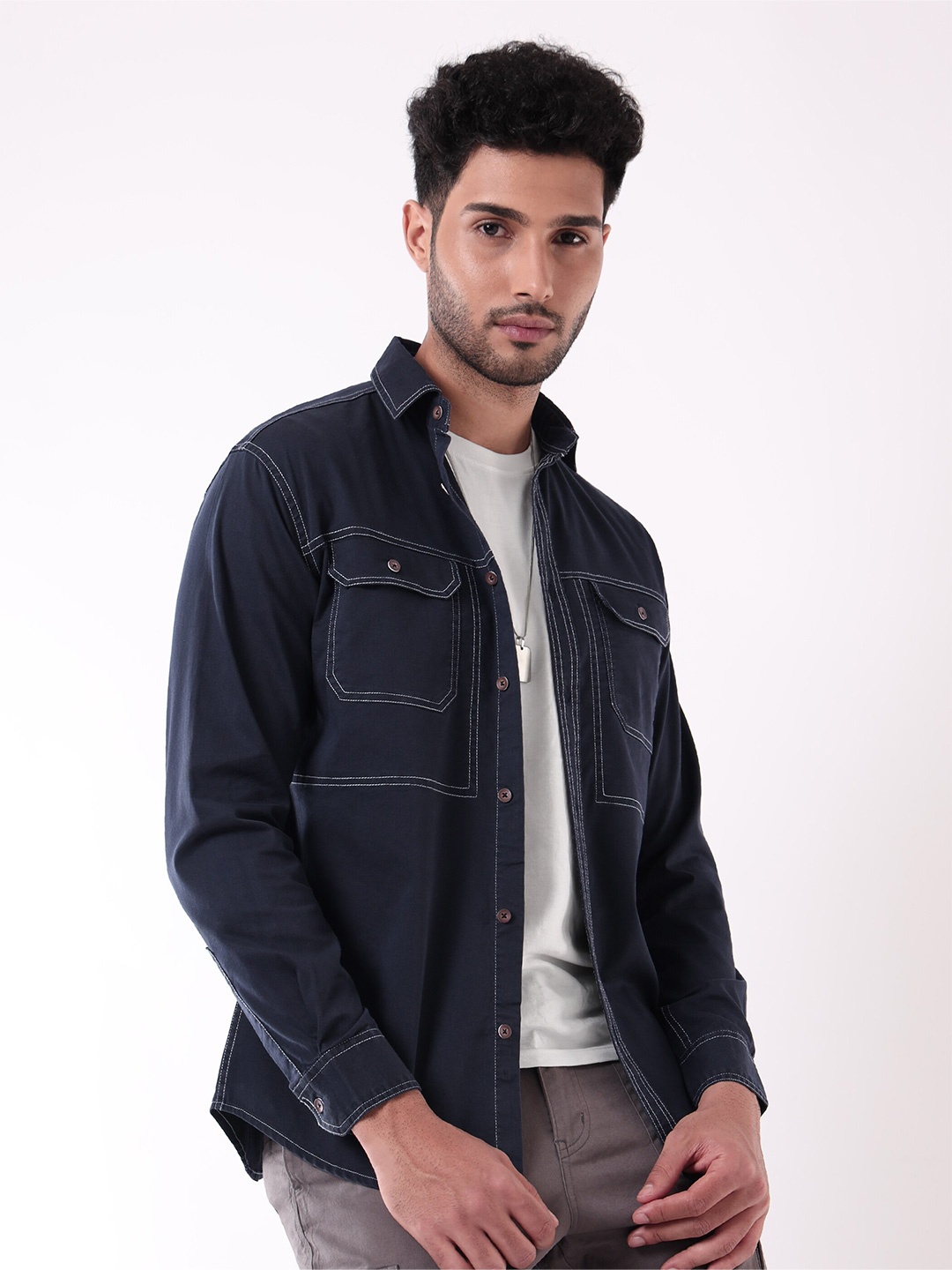 

Beyoung Spread Collar Long Sleeves Cotton Casual Shirt, Blue