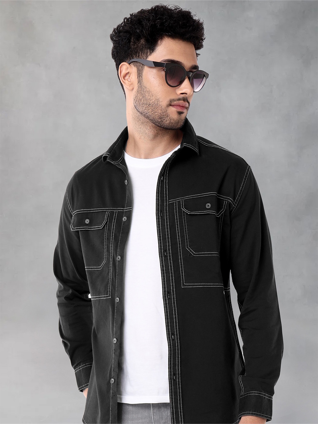 

Beyoung Cotton Spread Collar Casual Shacket, Black