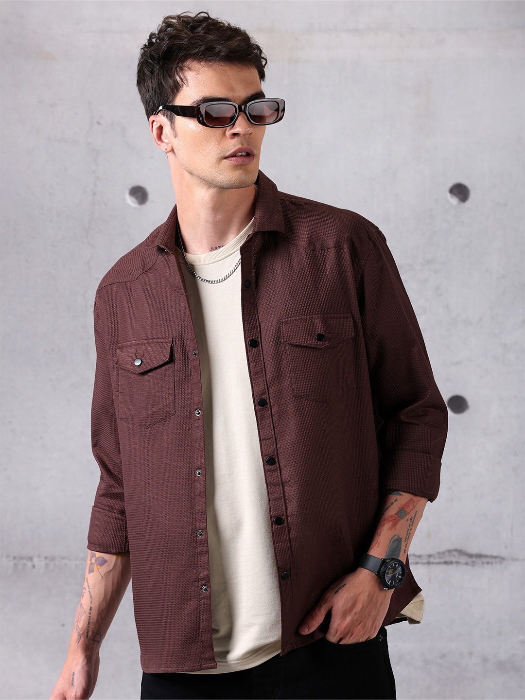 

Beyoung Textured Spread Collar Long Sleeves Cotton Casual Shirt, Brown