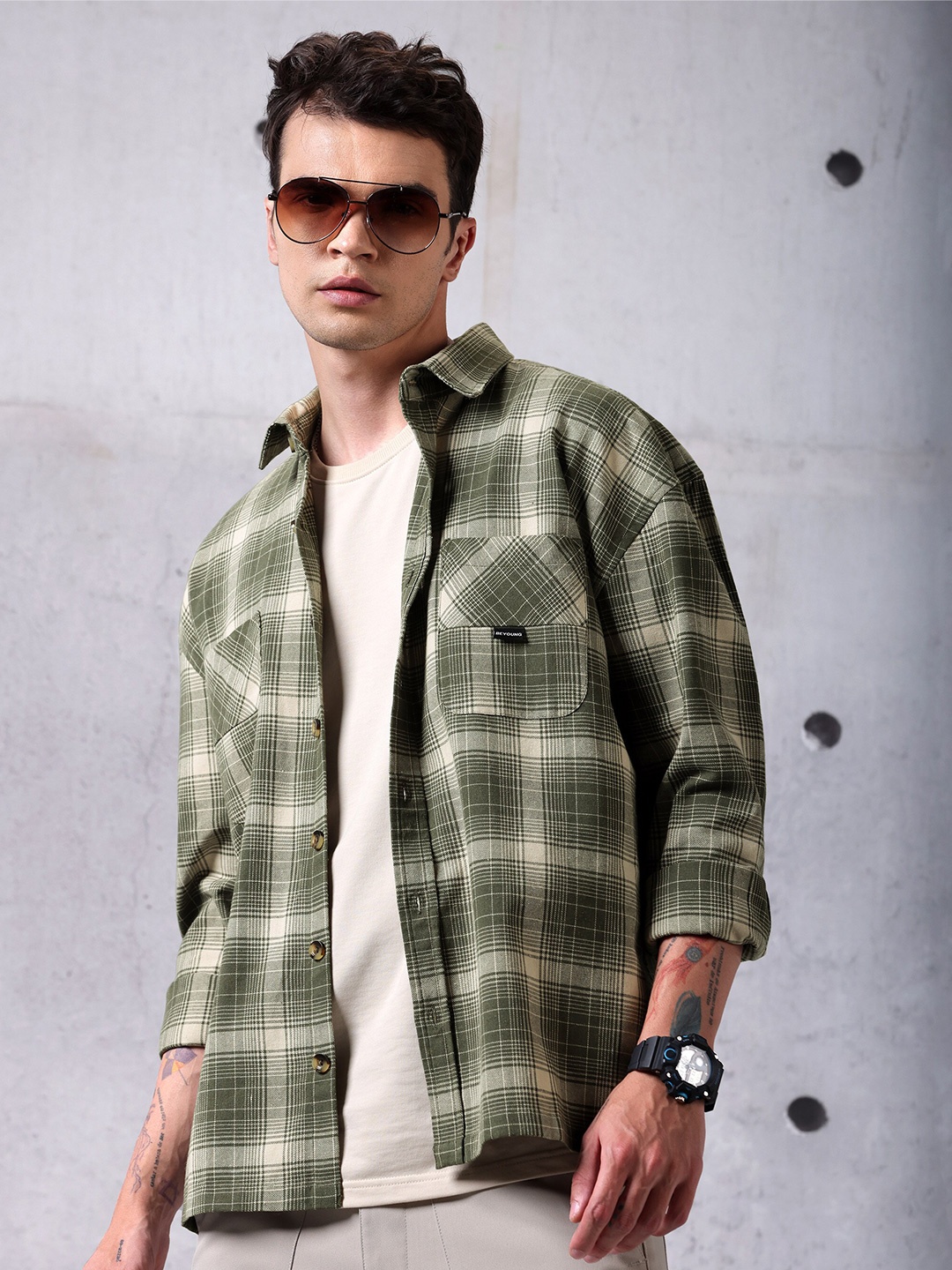 

Beyoung Tartan Checked Spread Collar Long Sleeves Cotton Casual Shirt, Green