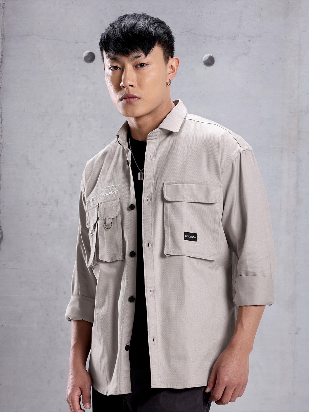 

Beyoung Cotton Spread Collar Casual Shacket, Grey