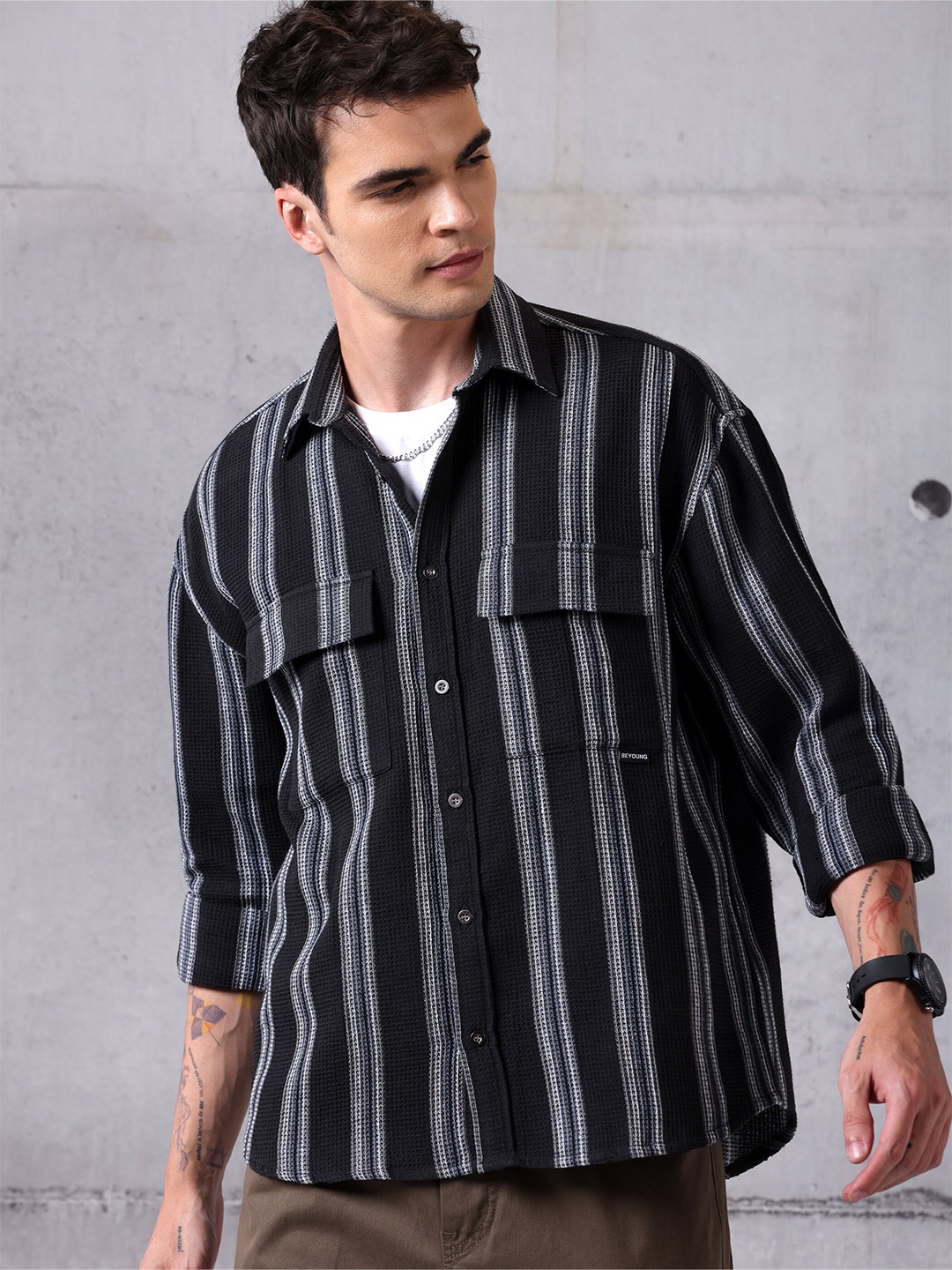 

Beyoung Striped Spread Collar Long Sleeves Cotton Casual Shirt, Black