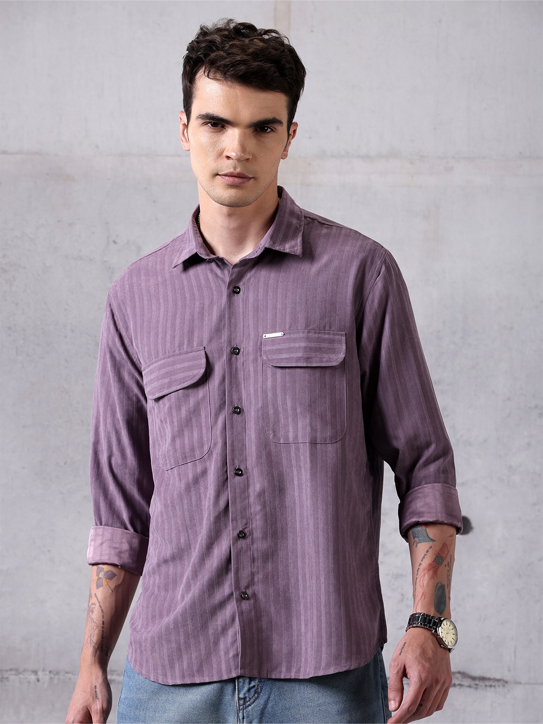 

Beyoung Striped Spread Collar Long Sleeves Casual Shirt, Purple