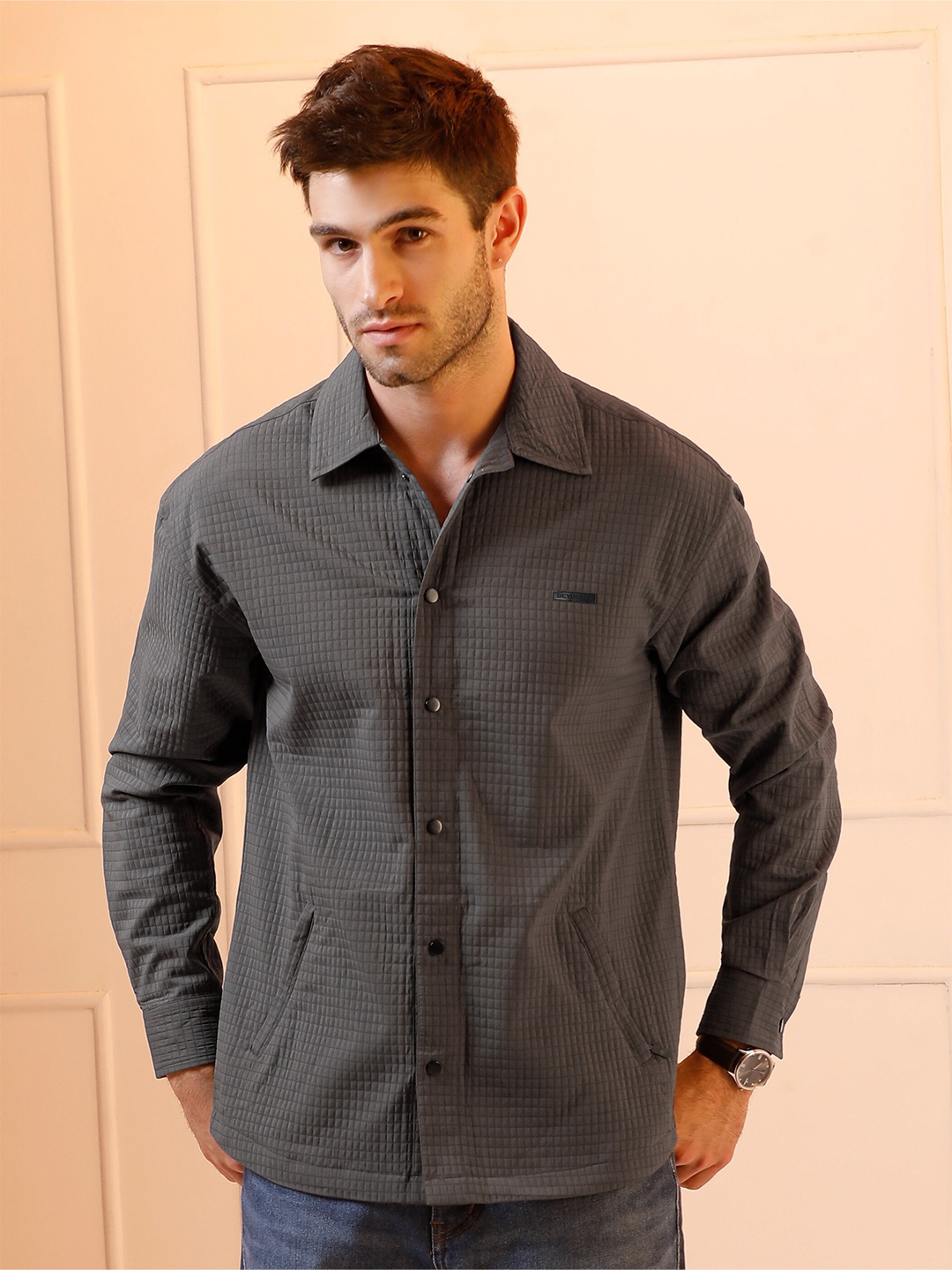 

Beyoung Textured Spread Collar Full Sleeves Oversized Shirt, Grey