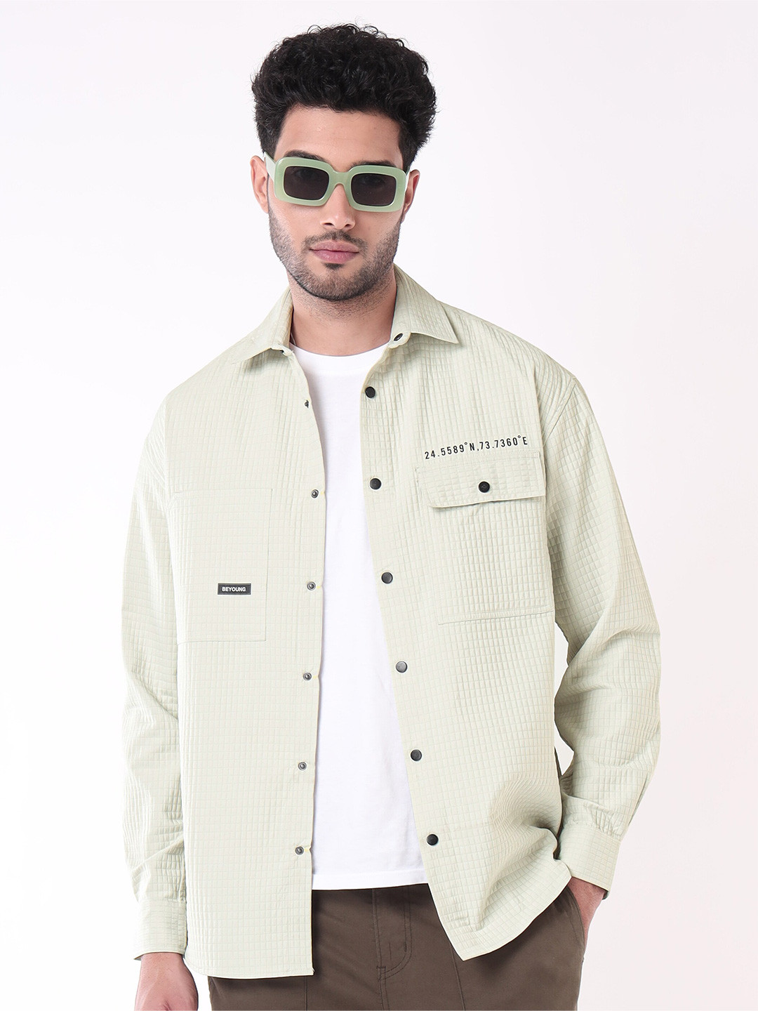 

Beyoung Textured Spread Collar Long Sleeves Casual Chest Pocket Cotton Shirt, Off white