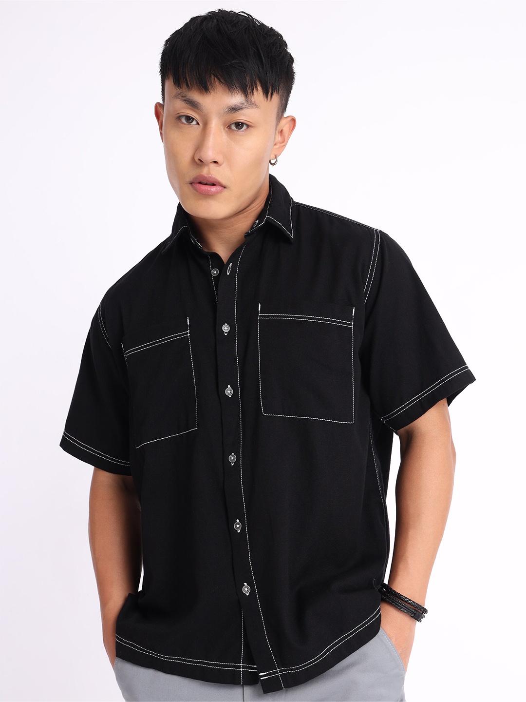 

Beyoung Cotton Spread Collar Casual Shirt, Black