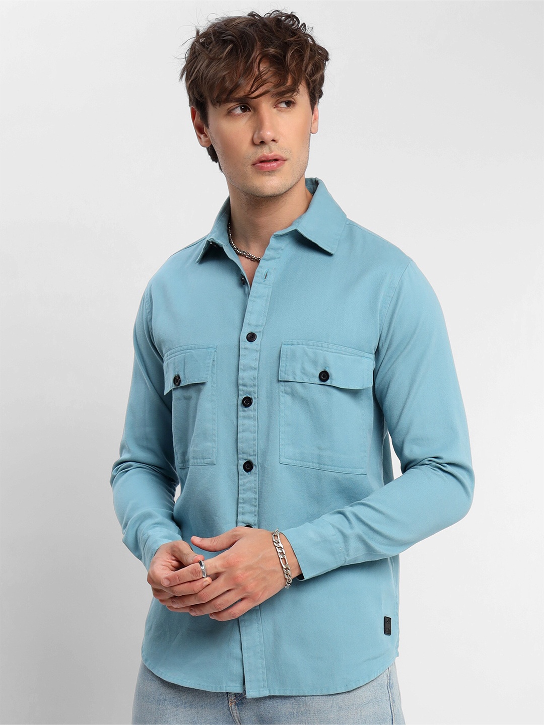 

Beyoung Spread Collar Long Sleeves Cotton Casual Shirt, Blue