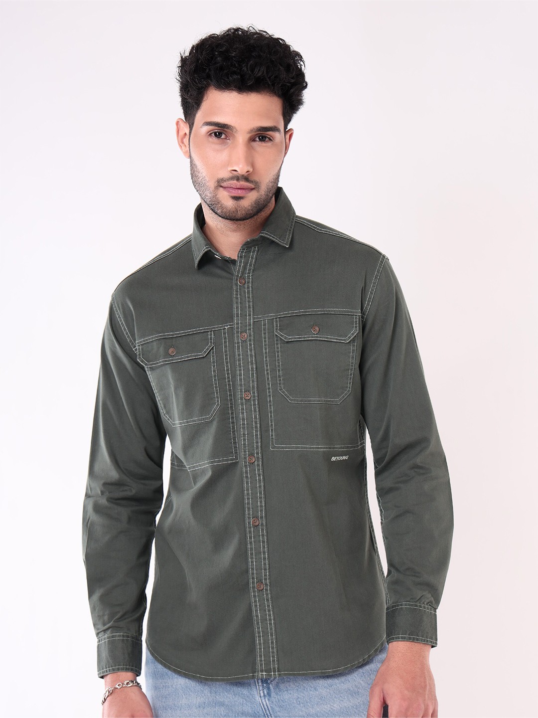 

Beyoung Spread Collar Long Sleeves Cotton Casual Shirt, Grey