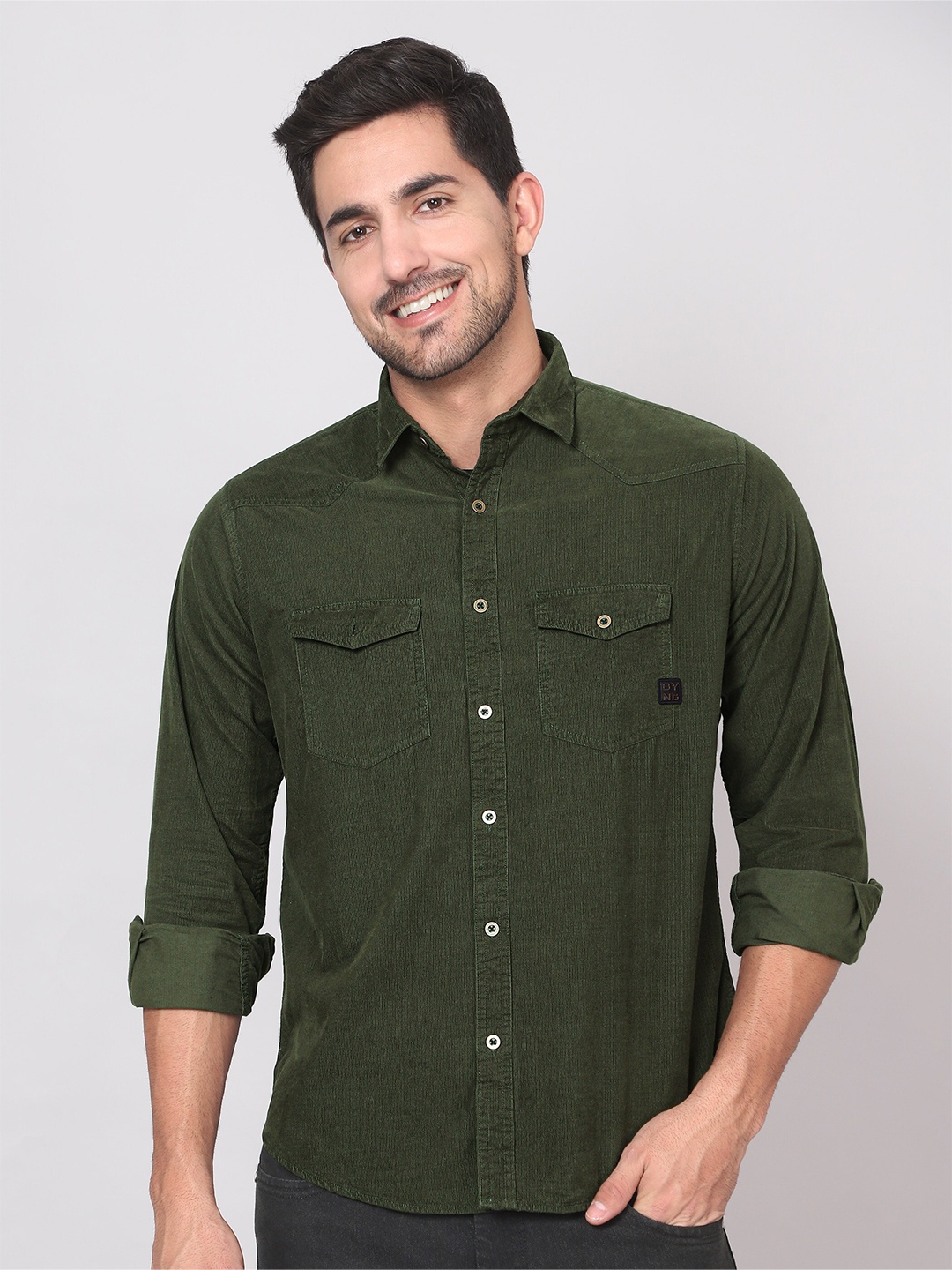 

Beyoung Textured Spread Collar long Sleeves Cotton Casual Shirt, Green