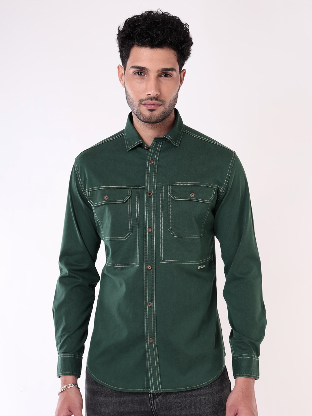 

Beyoung Cotton Spread Collar Casual Shirt, Green