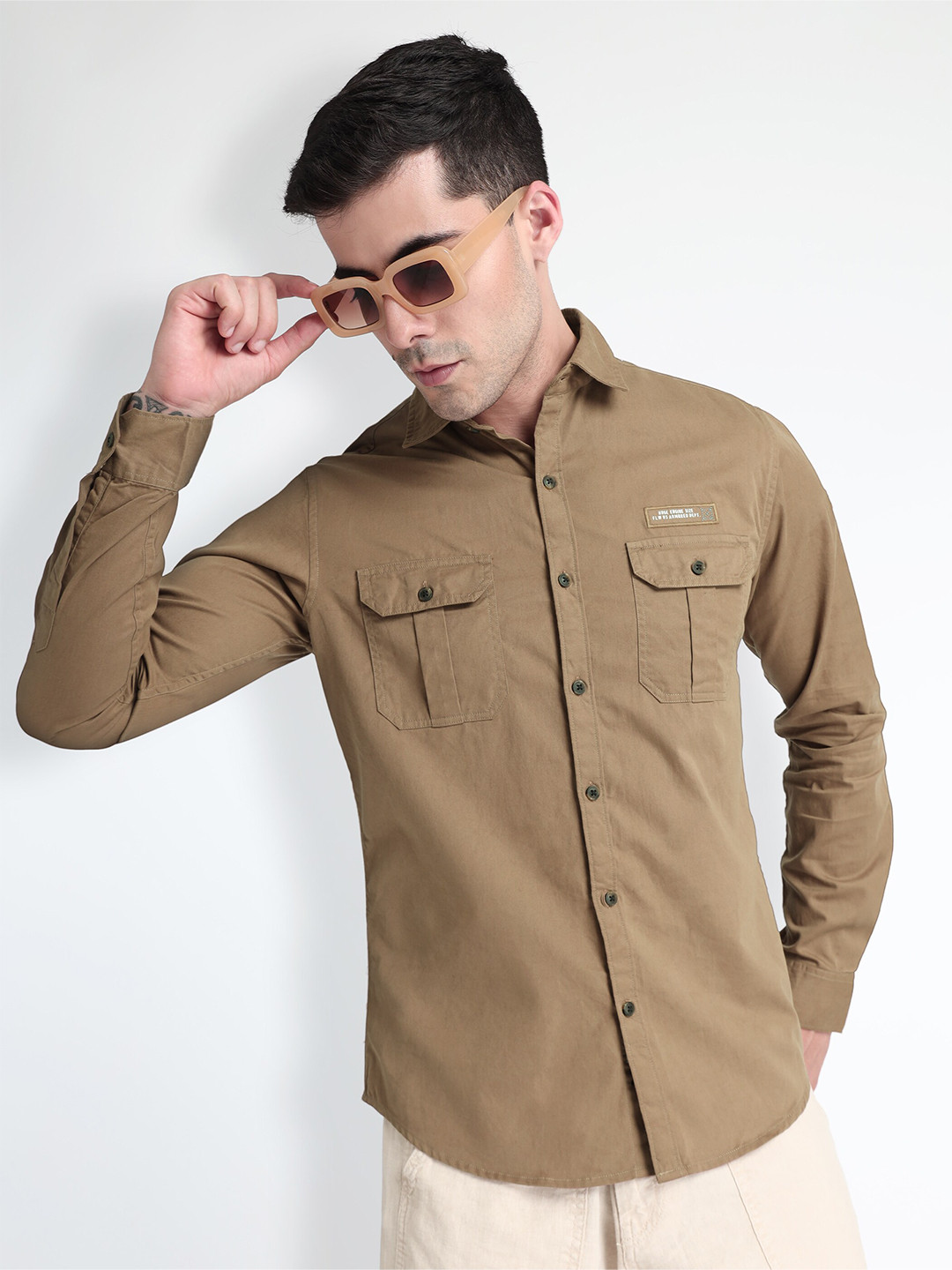 

Beyoung Spread Collar Long Sleeves Cotton Casual Shirt, Brown