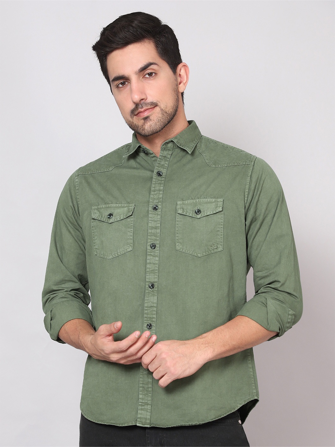 

Beyoung Spread Collar Long Sleeves Casual Cotton Shirt, Green