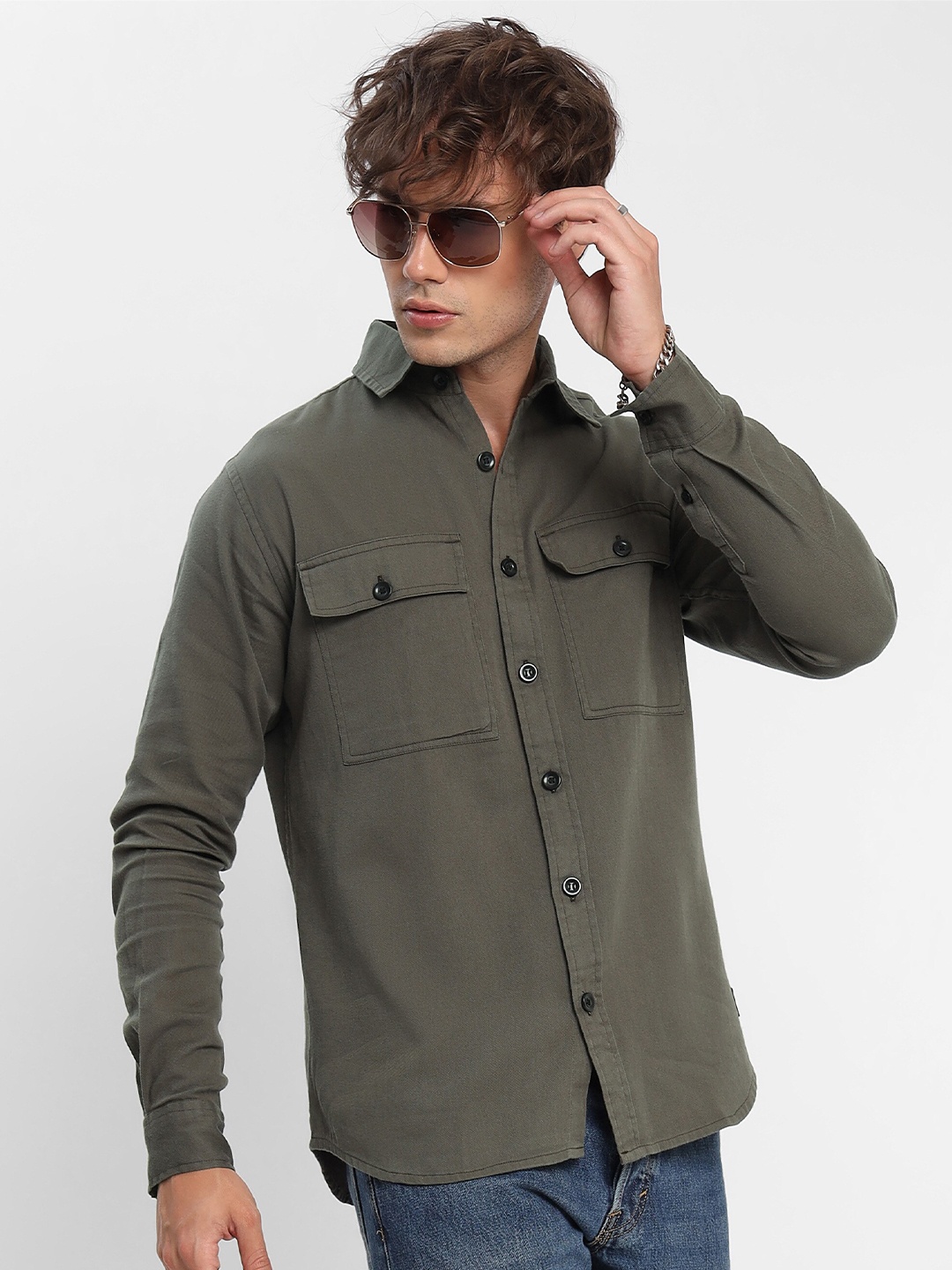 

Beyoung Cotton Spread Collar Casual Shirt, Grey