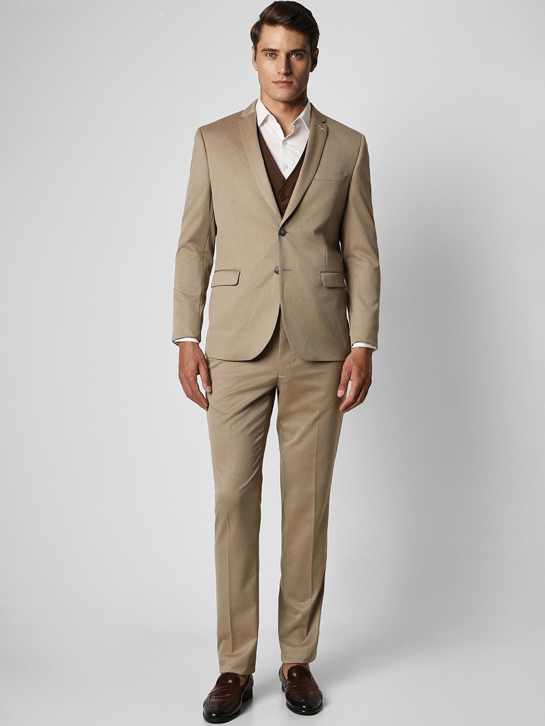 

Van Heusen Men Textured Slim Fit Four Piece Suit, Beige