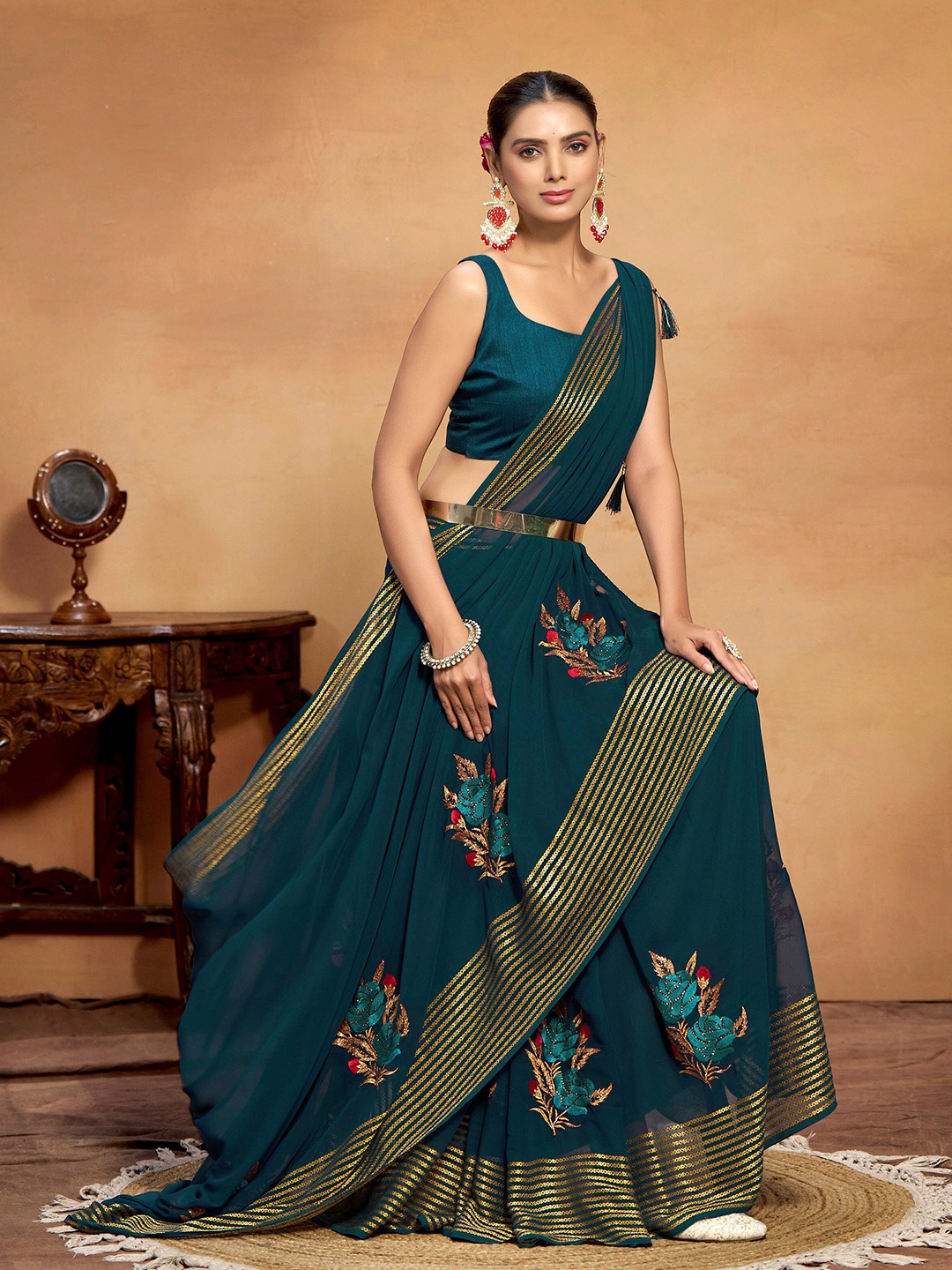 

Sangria Embroidered Butta Georgette Saree, Green