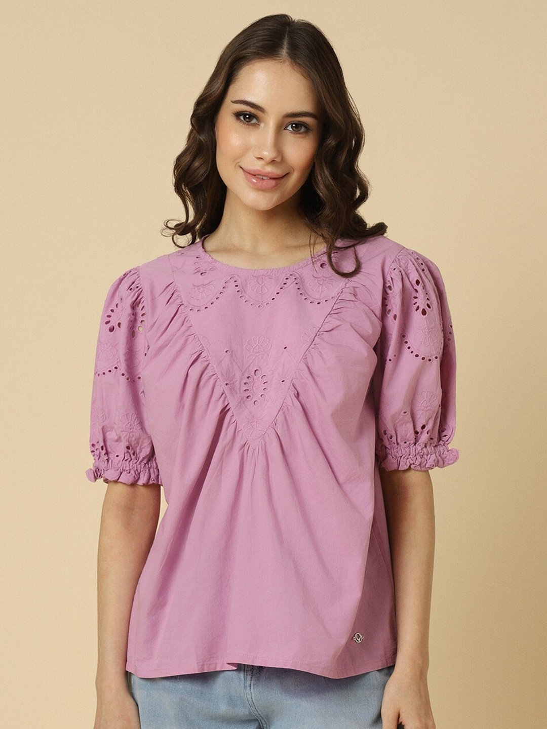 

Allen Solly Woman Embroidered Round Neck Puff Sleeve Cotton Top, Pink