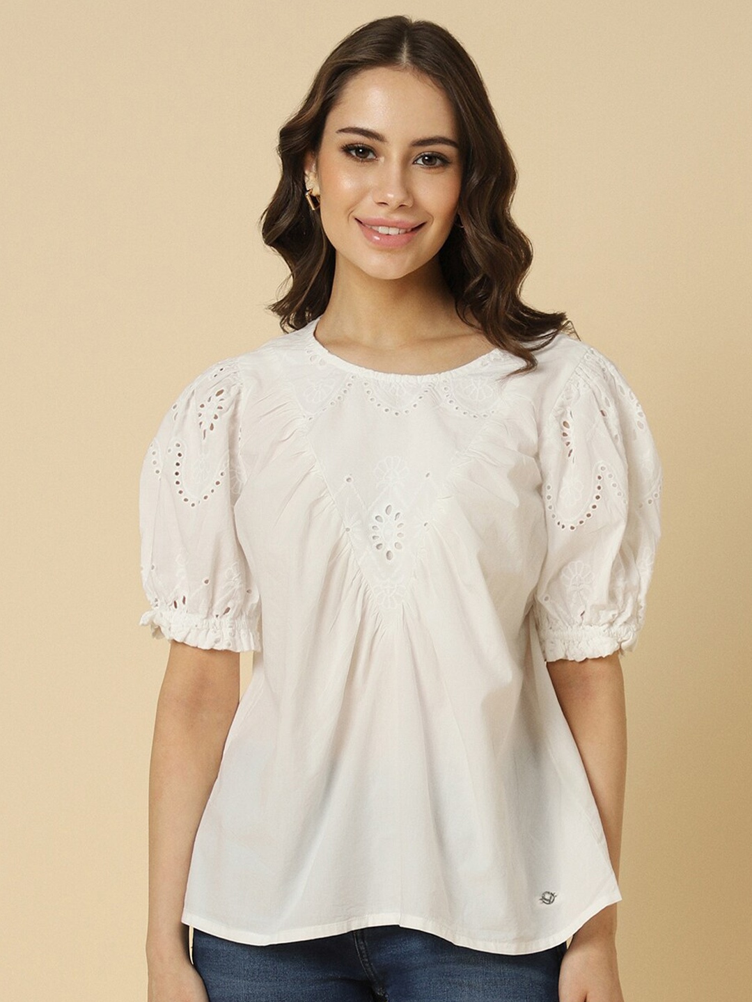 

Allen Solly Woman Embellished Round Neck Puff Sleeve Cotton Top, White