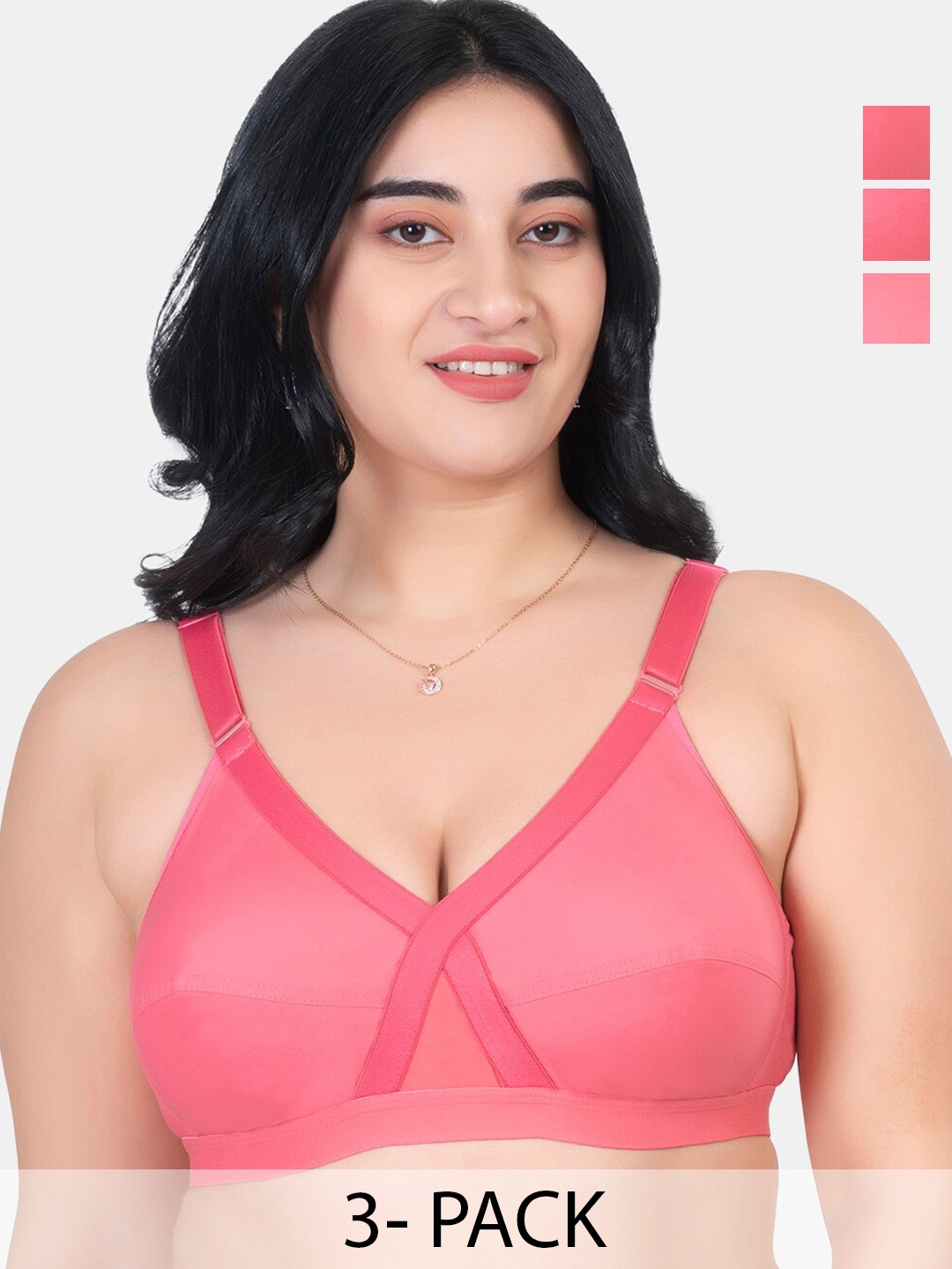 

KOMLI Pack Of 3 Non Padded Full Coverage Cotton Minimizer Bra- All Day Comfort, Coral